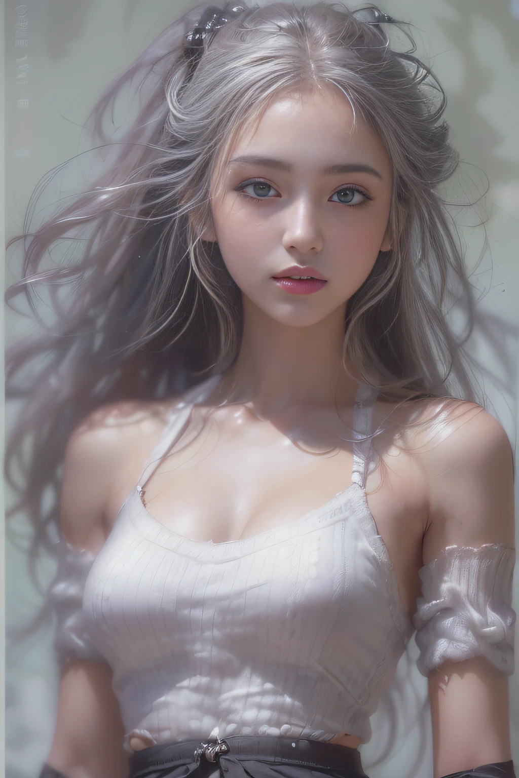 ((tmasterpiece:1.4)、(top-quality:1.4)、(reallistic:1.7))、By Luis Royo（By Luis Royo）Surreal portrait of a beautiful girl、Super beautiful girl、((1girl in:1.4))、Shiny natural skin texture、Authors：By Luis Royo（By Luis Royo）、age19、(Two arms:1.4、Two legs:1.4)、(perfect anatomia:1.4)、(Perfect female body:1.4)、Portrait photo of a girl、Close-up photos、Full body shooting、((masutepiece:1.4), (of the highest quality:1.4), (Realistic:1.7), By Luis Royo, Beautiful Girl, Super beautiful girl, ((1girl in:1. 4), Shiny natural skin texture, Authors: By Luis Royo, 19 years old, (Perfect female body: 1.4), (Perfect female body: 1.) 4), Portrait photo of a girl, Close-up photos, （Full body photo）, Fantasy Art, Soft front light, Beautiful expression, Kawaii face, Beautiful breasts, Large Full Breasted: 1. 2, Beautiful buttocks, Fine eyes, Clear and eye-catching, beautiful and alluring, Beautiful eyes, thin waist, Raw photo, Red lips, ((White hair, Long hair)) , 1 Screen View, ),((Off-the-shoulder hand-knitted sweater))、((Black tight skirt)）、 (sexyposture), (the milky way in the sky),((T-back panties))、((Black garters and garter belts))、(A smile)、((Vaginal orchids)）、((erection)）