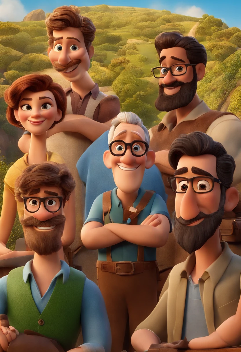 create a Disney Pixar 3D animated movie poster with 3 men, 1 with goatee and glasses, outro com 60 anos -barba e o ultimo com barba trabalhando, todos usando cores azul e amarelo com uma betoneira