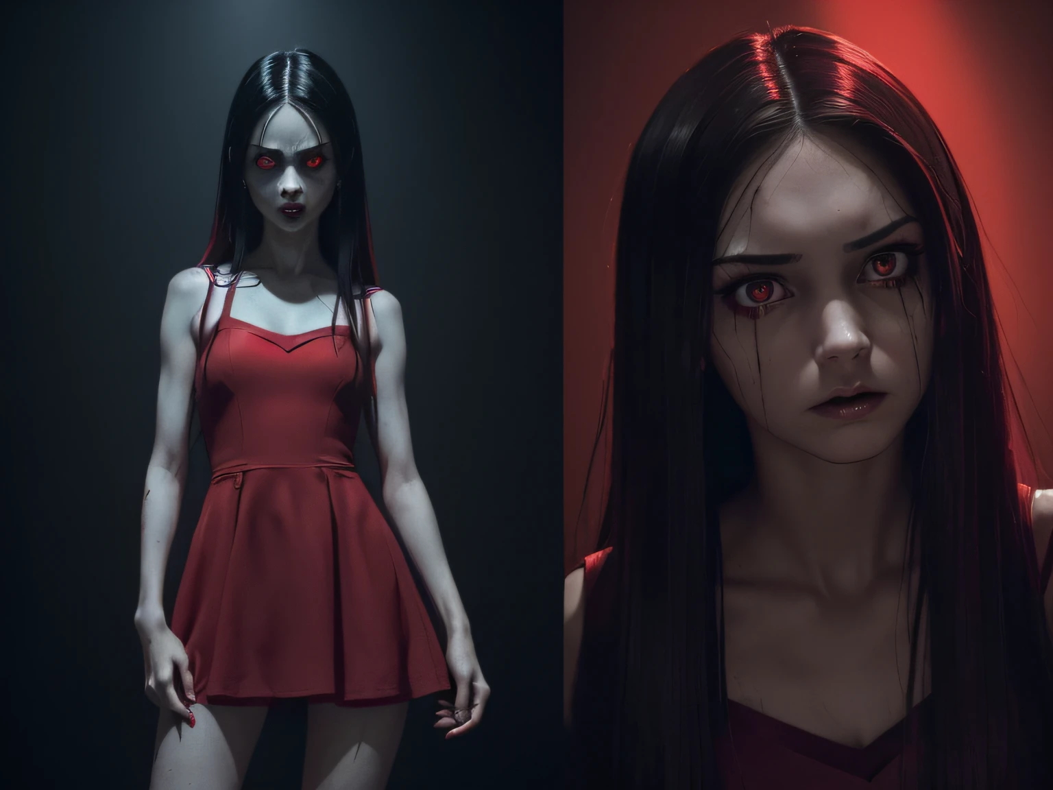 Illustration. vibrant color palette, dynamic linework, precise and exaggerated expressions, ((detailed shading)): (((A beautiful dark 11-year-old girl in a short red dress)), ((flawless and perfect thin face, well detailed)), ((vibrant eyes)), (((thin nose, extremely straight hair, white skin small hands, perfect and precise fingers)) ((smooth and beautiful legs)), (((horror movie girl)) ((horror movie 4k image)) (((dramatic expressions))), a dark red atmospheric setting, and a striking color palette.