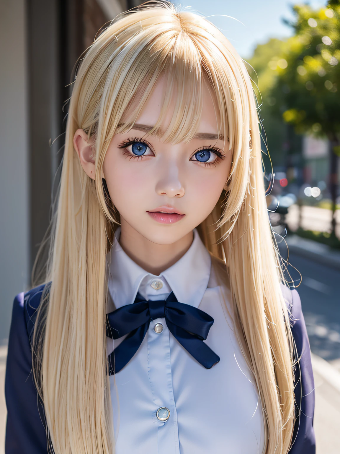 portlate、School Uniforms、bright expression、poneyTail、Young shiny shiny white shiny skin、Best Looks、Blonde reflected light、Blonde hair with dazzling highlights、shiny light hair,、Super long silky straight hair、Beautiful bangs that shine、Glowing crystal clear attractive big blue eyes、Very beautiful nice cute girl、Lush bust