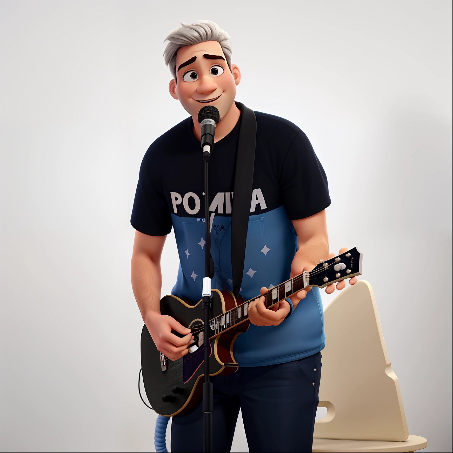 Homem branco, cabelo branco, estilo Disney Pixar, Playing guitar Lês Paul Preta, cantando no microfone, alta qualudade