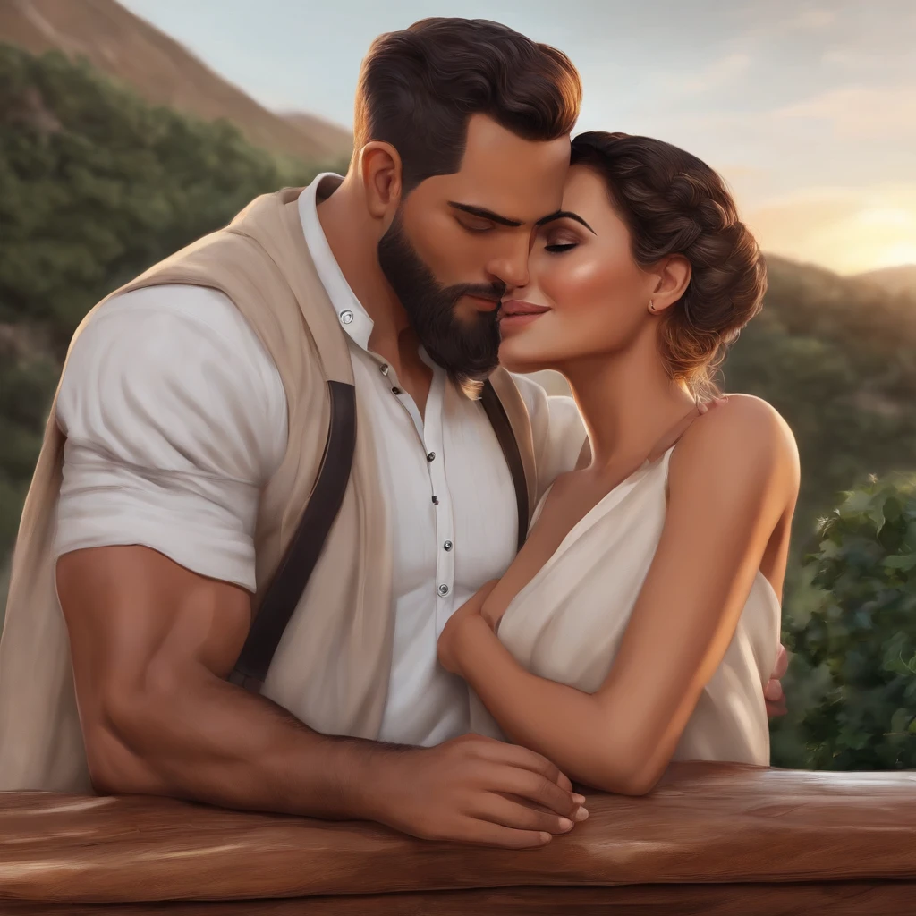 An illustration of an adorable couple, Destacando um homem e uma mulher com beleza, Expressive eyes – the man's hair is black tied in a bun. e olhos negros e ele tem um, barba preta, While the woman's hair is tied in a bun and black, longo e reto. They are a bright space, Todos com um sorriso no rosto, e compartilhe um momento especial, That is marked by love, viajar, and pedagogical insights. Ilustre esta cena a partir de uma perspectiva, where they're facing away from the camera, Show Your Connection. Desenvolva esta arte em Full HD, Focus on your cinematic touch, Estilo Disney Pixar Animations