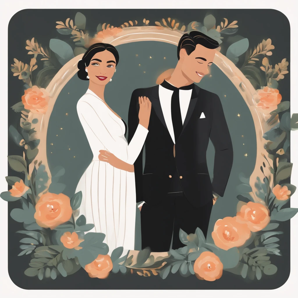 An illustration of an adorable couple, Destacando um homem e uma mulher com beleza, Expressive eyes – the man's hair is black tied in a bun. e olhos negros e ele tem um, barba preta, While the woman's hair is tied in a bun and black, longo e reto. They are a bright space, Todos com um sorriso no rosto, e compartilhe um momento especial, That is marked by love, viajar, and pedagogical insights. Ilustre esta cena a partir de uma perspectiva, where they're facing away from the camera, Show Your Connection. Desenvolva esta arte em Full HD, Focus on your cinematic touch, Estilo Disney Pixar Animations