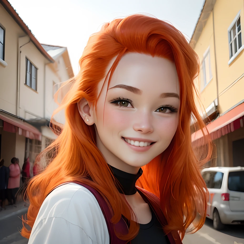 There is a red-haired woman smiling and posing for a photo, pele laranja e cabelo ardente longo, flowing ginger hair, com cabelos ruivos, ela tem cabelos longos e redorange, mulher ruiva, cabelo laranja brilhante, com longos cabelos ruivos, cabelo de gengibre, Deusa dos cabelos ruivos, cabelo laranja longo, longos cabelos ruivos brilhantes, com cabelos ruivos cacheados, red head, she is redhead