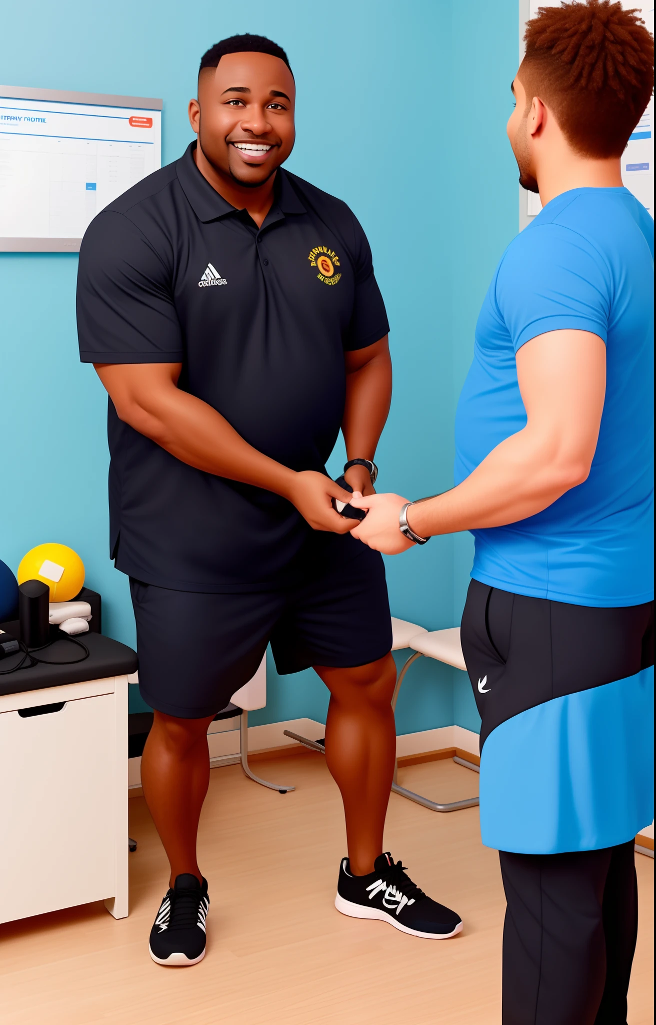 A cheerful black man sports physiotherapist in his clinic treatment physiotherapy sports office happy a little overweight animated pixar treatment attendance