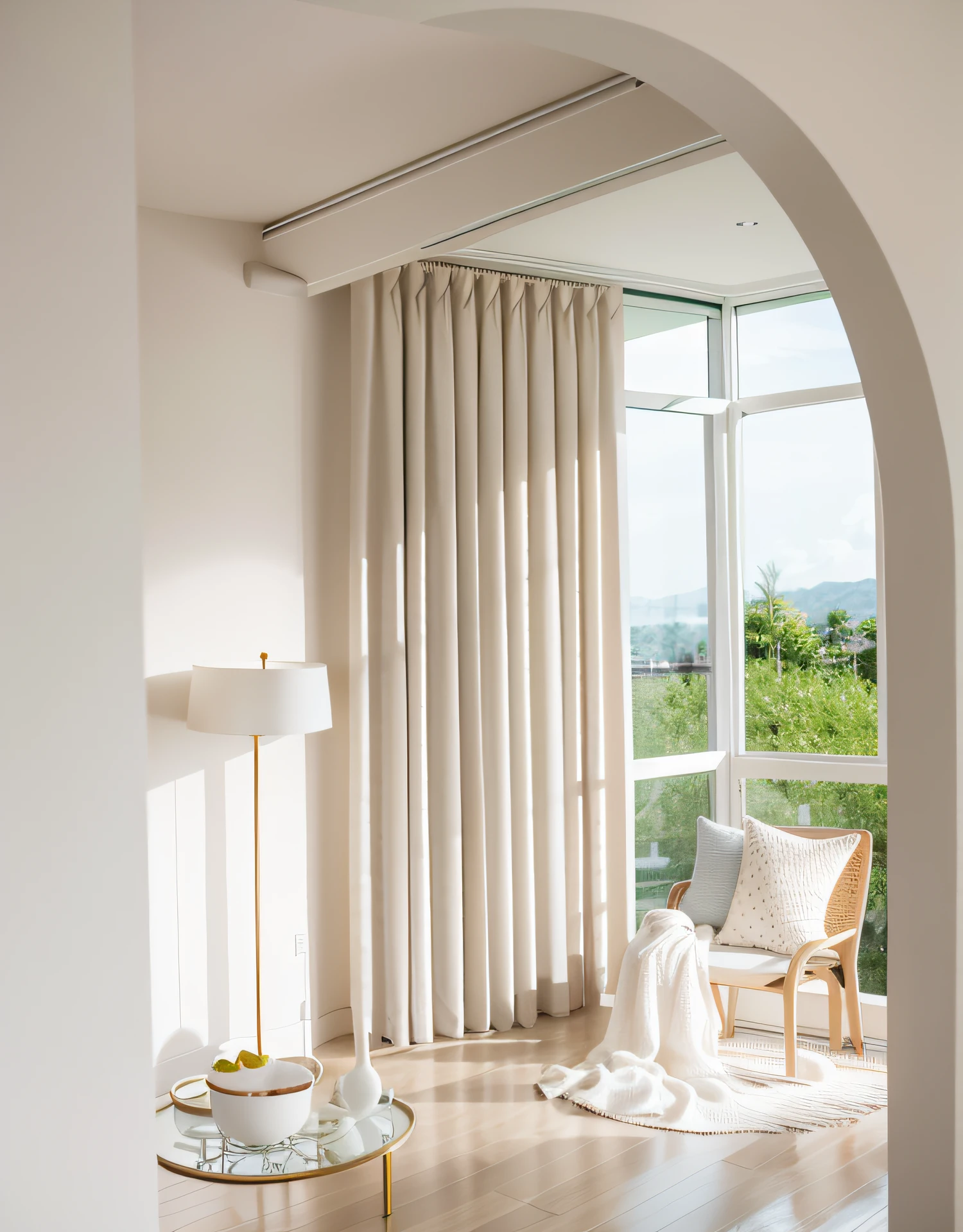 Arafed view of the living room with chairs and table, hermosas cortinas, curtain, 窗帘, draped drapes, Curtains, cream - colored room, Modern studio light pastel colors, 30 mm, 30mm, 3 0 mm, natural window lighting, indoor smooth light, background made of big curtains, light cream and white colors