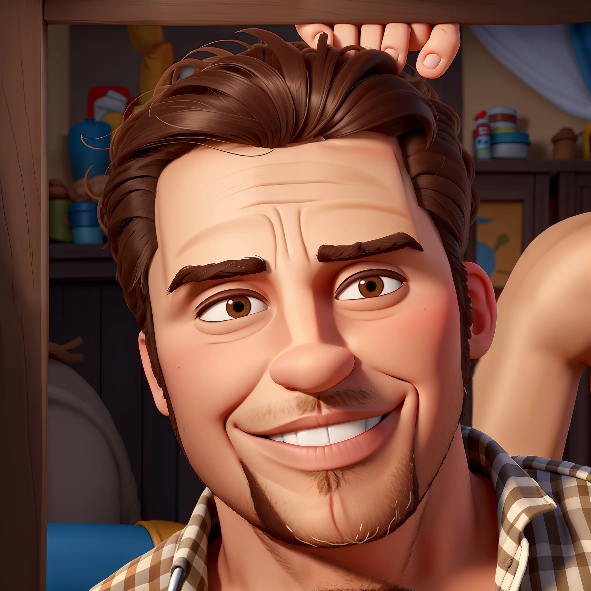 homem brasileiro com barba e camisa xadrez sorrindo, olhando para frente, olhos castanhos, Brown hair slicked back, 43 anos, disney pixar cartoon