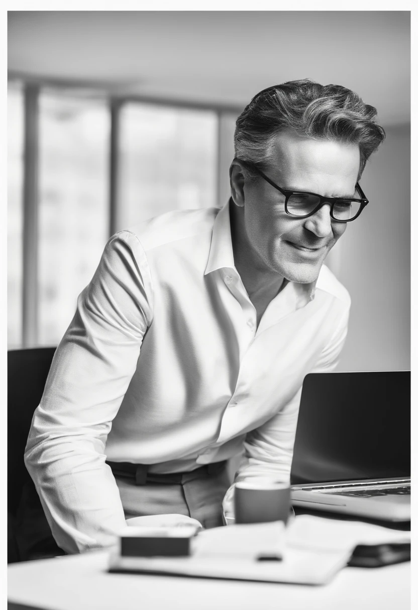 Homem 47 anos, cabelos curto com topete, ar a grisalha, Black Rectangular Glasses, rosto afinado, nariz pouco empinado, In a half-lit office, usando terno armani preto, olhando para um macbook, imagens 4k ou superior