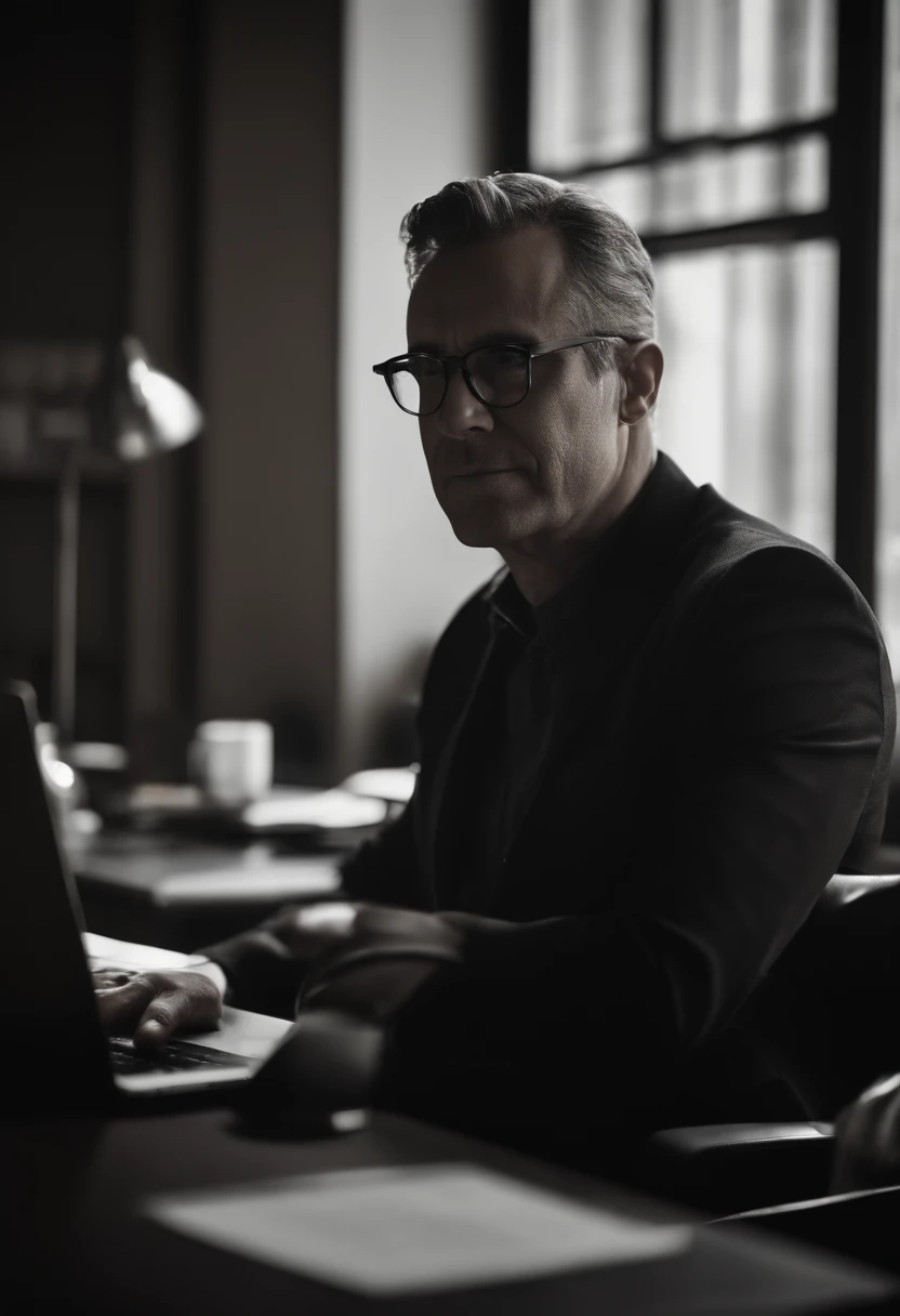 Homem 47 anos, cabelos curto com topete, ar a grisalha, Black Rectangular Glasses, rosto afinado, nariz pouco empinado, In a half-lit office, usando terno armani preto, olhando para um macbook, imagens 4k ou superior
