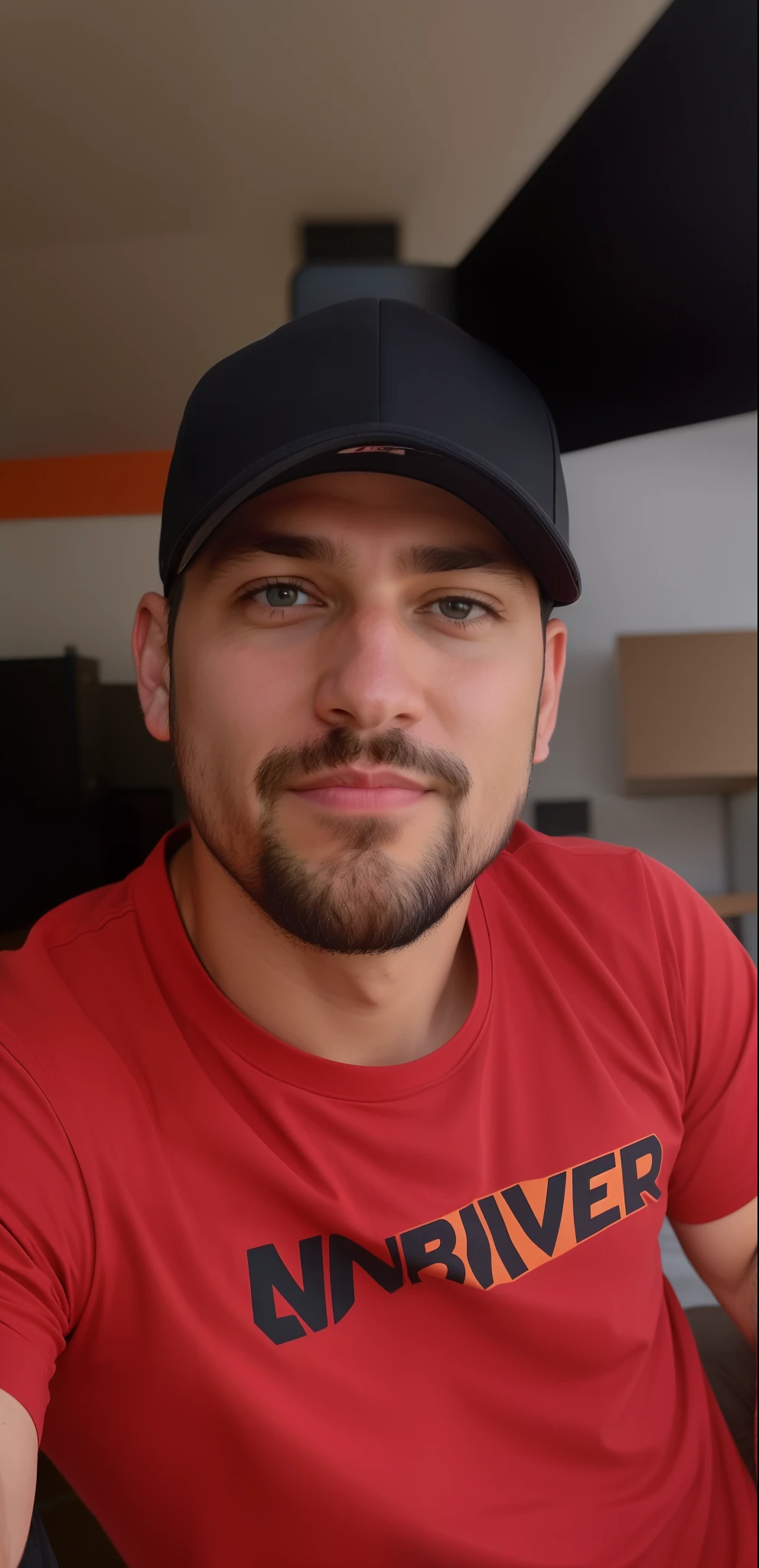 There is a man wearing a red shirt and a black hat, foto de perfil profissional, 2 7 anos, 2 8 anos, 3 2 anos, Fotografia selfie 8k, 2 9 anos, foto de perfil headshot, foto de perfil profissional, Homem de 30 anos, 3 6 anos, Foto profissional detalhada, imagem profissional, looking to the side off camera