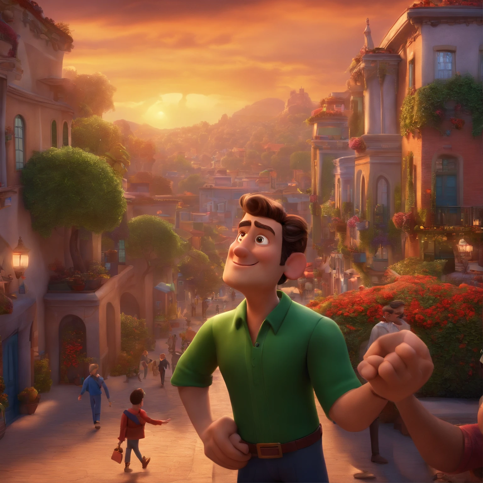 A city councilman looking at a dream project inspired by Pixar animation, de perto. The character takes center stage with captivating facial expressions, oferecendo um toque de irrealidade