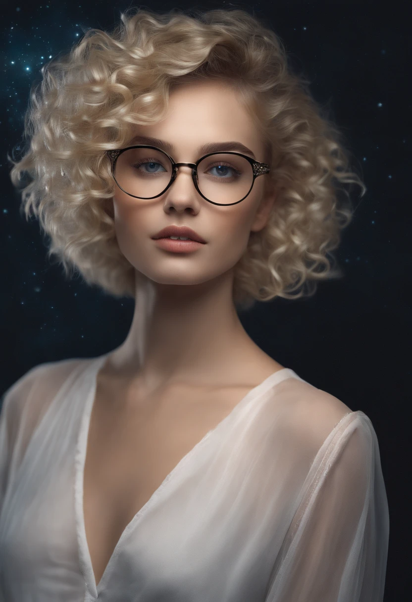 Blonde girl, , with glasses and short curly hair, Cosmic Fallen, olhos claros brilhantes, Biomechanicals, estranho, assustador, Pesadelo, cores muito brilhantes, light particles, com luz brilhante, Mshiff, Arte do papel de parede, Papel de parede UHD