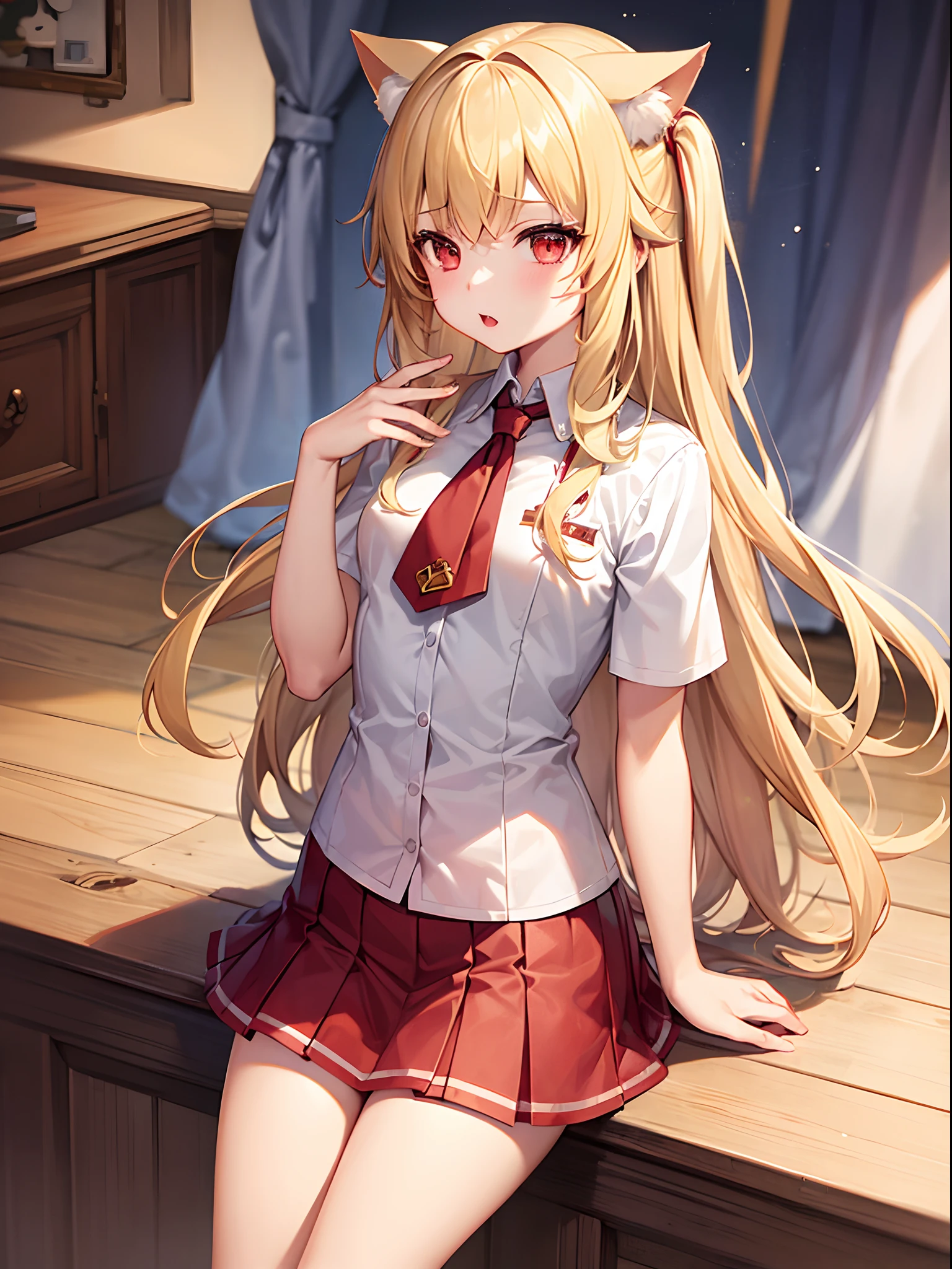 masterpiece, highest quality, High resolution, Kitagawa Marin, 1 girl, blonde hair, long hair, colorful hair, red eyes, jewelry, earrings, earrings, , white shirt, tide shirt, black choker, blue tie, plaid skirt, sitting, spread your legs, panty shot, girl&#39;s room