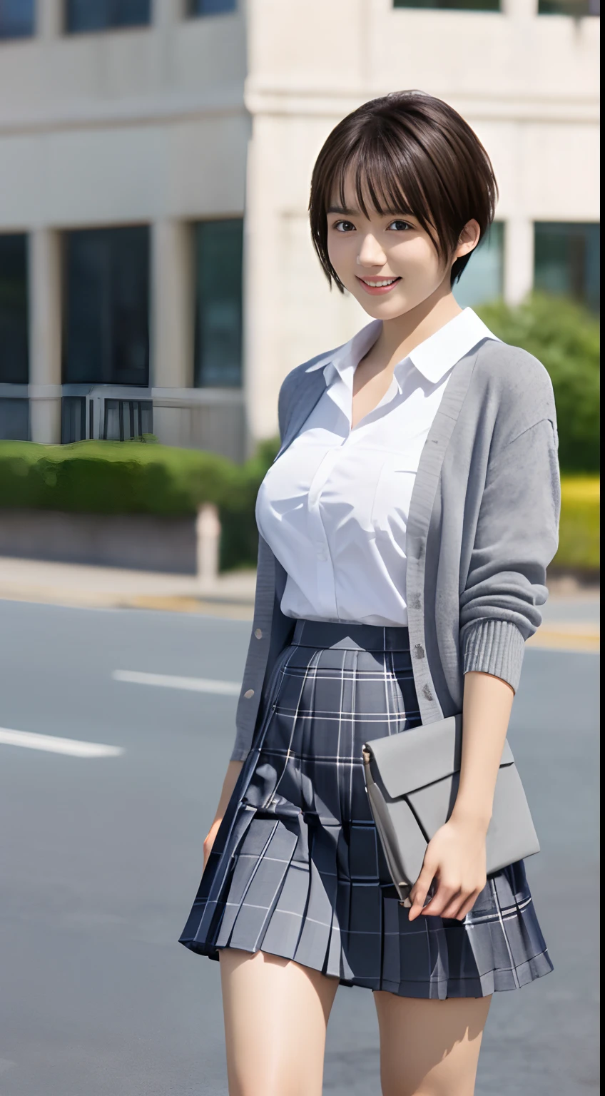 (masutepiece:1.2, top-quality), (Realistic, Photorealistic:1.4), Beautiful illustration,
view the viewer, full body Esbian, Front view:0.6,
1 girl, Japanese, High School Girl, (short-hair:1.5), blown hair, Bangs, hair between eye, Large breasts:0.8,
Beautiful hair, Beautiful face, Beautiful detailed eyes, Beautiful collarbone, Beautiful body, beautiful boob, beautiful thigh, Beautiful legs, Beautiful fingers,
(Beautiful scenery), , School,
((Collared shirt, White shirt, School uniform, Cardigan, Grey checked pleated skirt, Blue plaid bow tie)), White panties,
Standing, Walking,
Smile