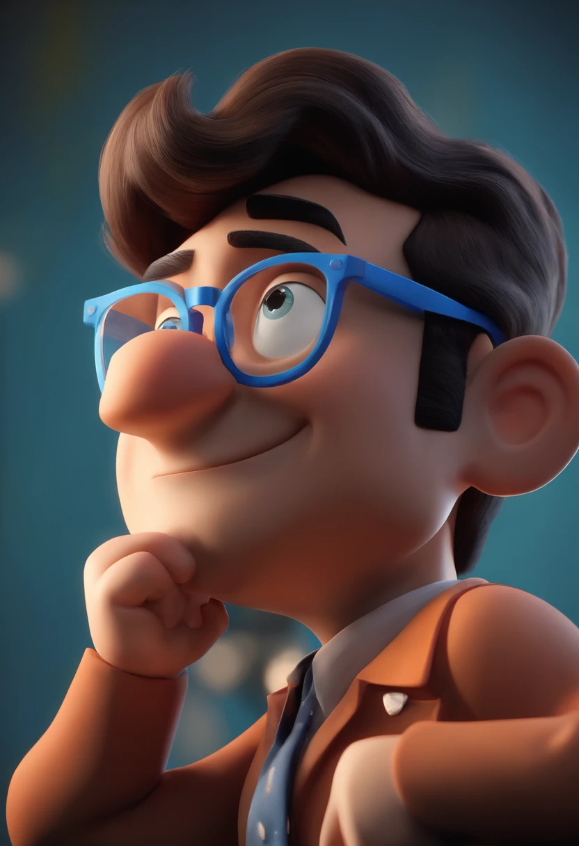Cartoon character of a man wearing black glasses and a blue shirt, um personagem animado, Caractere estilizado, animation style rendering, 3D estilizado, Arnold Maya render, 3 d render stylized, toon render keyshot, Personagem 3D, Personagem 3D, 3d rendering stylized, 3 d character render, personagem de desenho animado, Personagem de close up, Pose de personagem, (Estilo Pixar) (master part:1.2) (Bokeh) (best quality) (pele detalhada) (textura detalhada) (8k) (argila) (Cinematic lighting) (foco nítido,Senta e vaza a parte superior do corpo