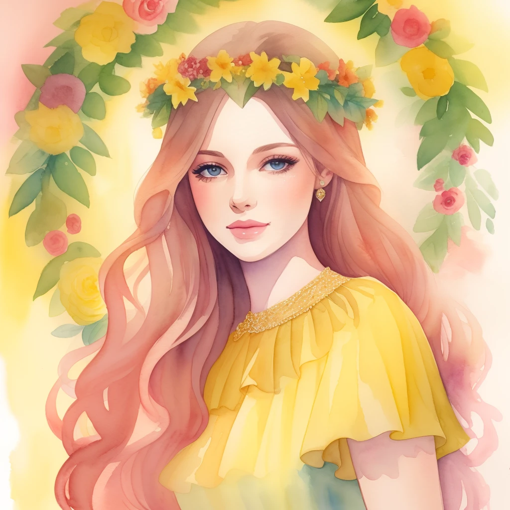 Watercolor painting of a woman with long hair in a yellow princess dress with a colorful wreath, dress,