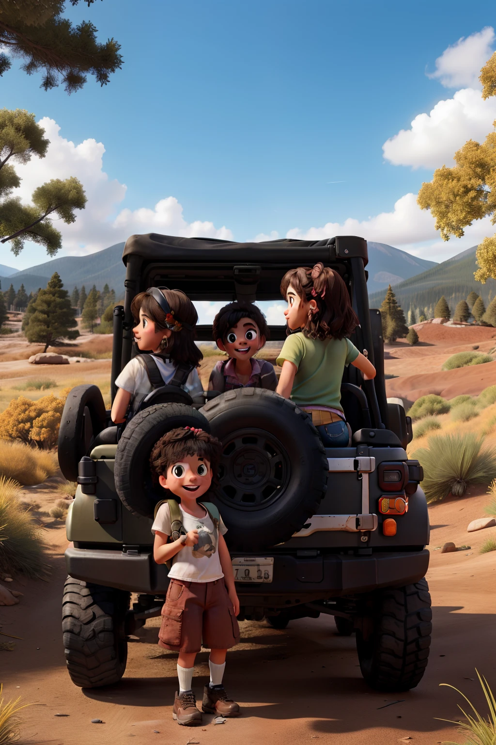 Three girls adventuring in jeep