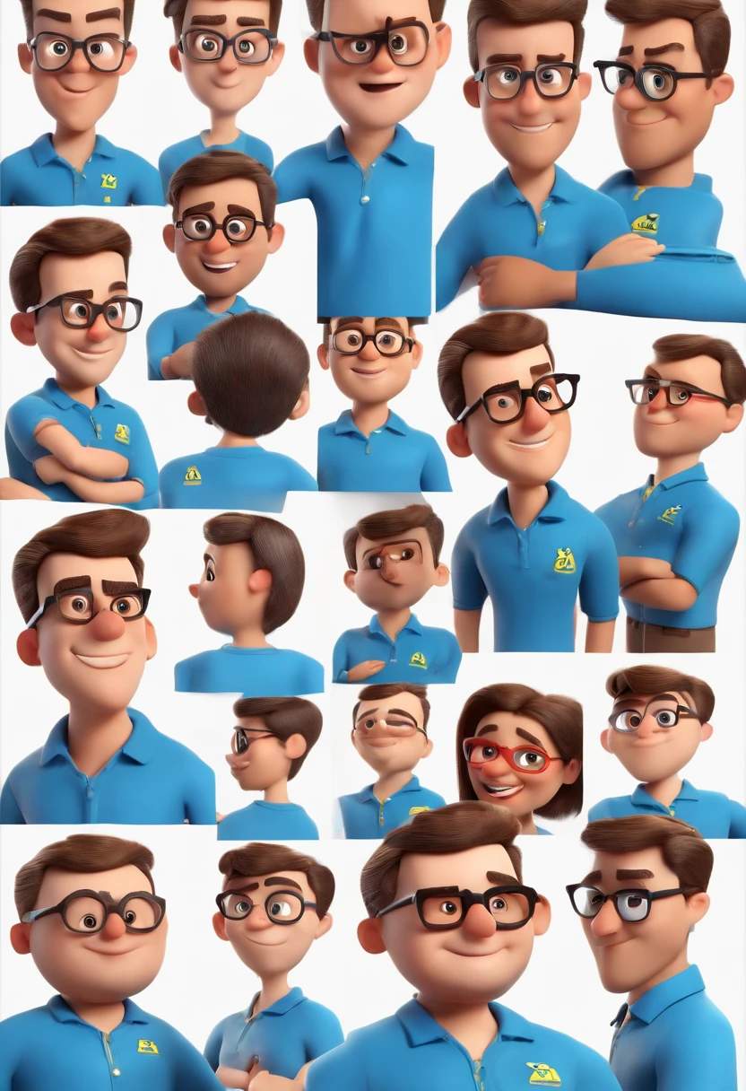 Cartoon character of a man wearing black glasses and a blue shirt, um personagem animado, Caractere estilizado, animation style rendering, 3D estilizado, Arnold Maya render, 3 d render stylized, toon render keyshot, Personagem 3D, Personagem 3D, 3d rendering stylized, 3 d character render, personagem de desenho animado, Personagem de close up, Pose de personagem, (Estilo Pixar) (master part:1.2) (Bokeh) (best quality) (pele detalhada) (textura detalhada) (8k) (argila) (Cinematic lighting) (foco nítido,Senta e vaza a parte superior do corpo