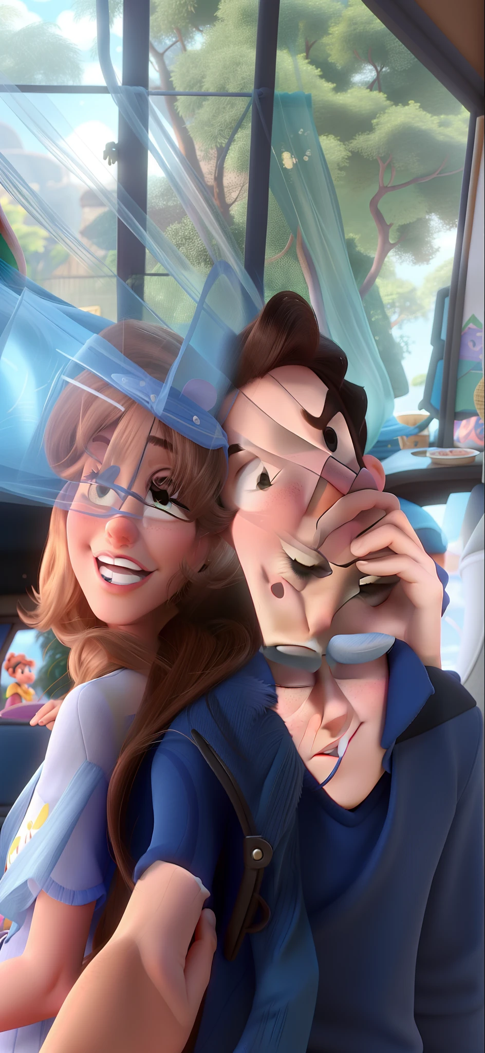 lucyw, orange hair, single hair bun, blue dress, slim, heels, sitting, reach around handjob, strokin penis, inside a train, 3d, old man, green eyes