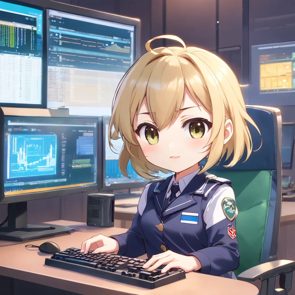((Chibi girl playing computer))、Blonde Shorthair Chibi、Pixie Cut Chibi、Chibi in uniform, Chibi,monitors