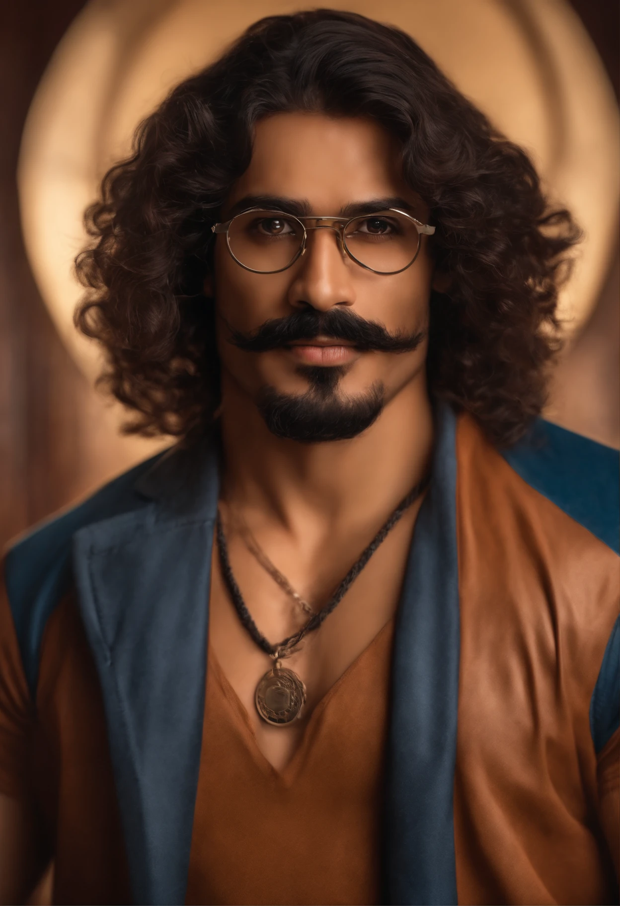 crie um banner no estilo Pixar. A man with Indian features, musculoso, Asian eyes, wearing goggles, usa bigode, moreno pardo com cabelos raspados, Castanhos escuros, Frizzy and slightly grayish appearance, usando uma camisa do time de futebol flamengo, Wearing jeans and holding a classical guitar with 7 strings.
