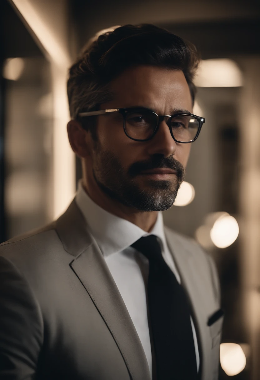 Homem 47 anos, cabelos pretos curto com topete, barba pouco grisalha curta, Black Rectangular Glasses, rosto afinado, nariz pouco empinado, In a half-lit office, usando terno armani preto, olhando para um macbook, imagens 4k ou superior