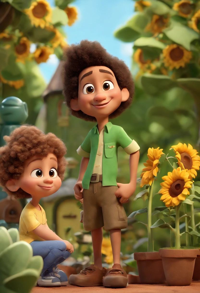Create a Disney PIXAR-style 3D poster. ((centro da imagem, MENINO AFRO 3 ANOS)), ((ANIMAIS)) , O menino tem pele MORENA e cabelos castanhos escuros e olhos castanhos escuros, ((tudo isso no estilo Disney PIXAR 3D, In the background, A house of sunflowers, ANIMAIS FAZENDA, The garden is full of nature 3D render RTX clay material, estilo de design cartunesco, POP Mart, soft lighting, linhas suaves, Spring tilt, Detailed illustrations of PIXAR 3D, Detalhes hiper-realistas, cor quente no estilo Disney PIXAR 3D))