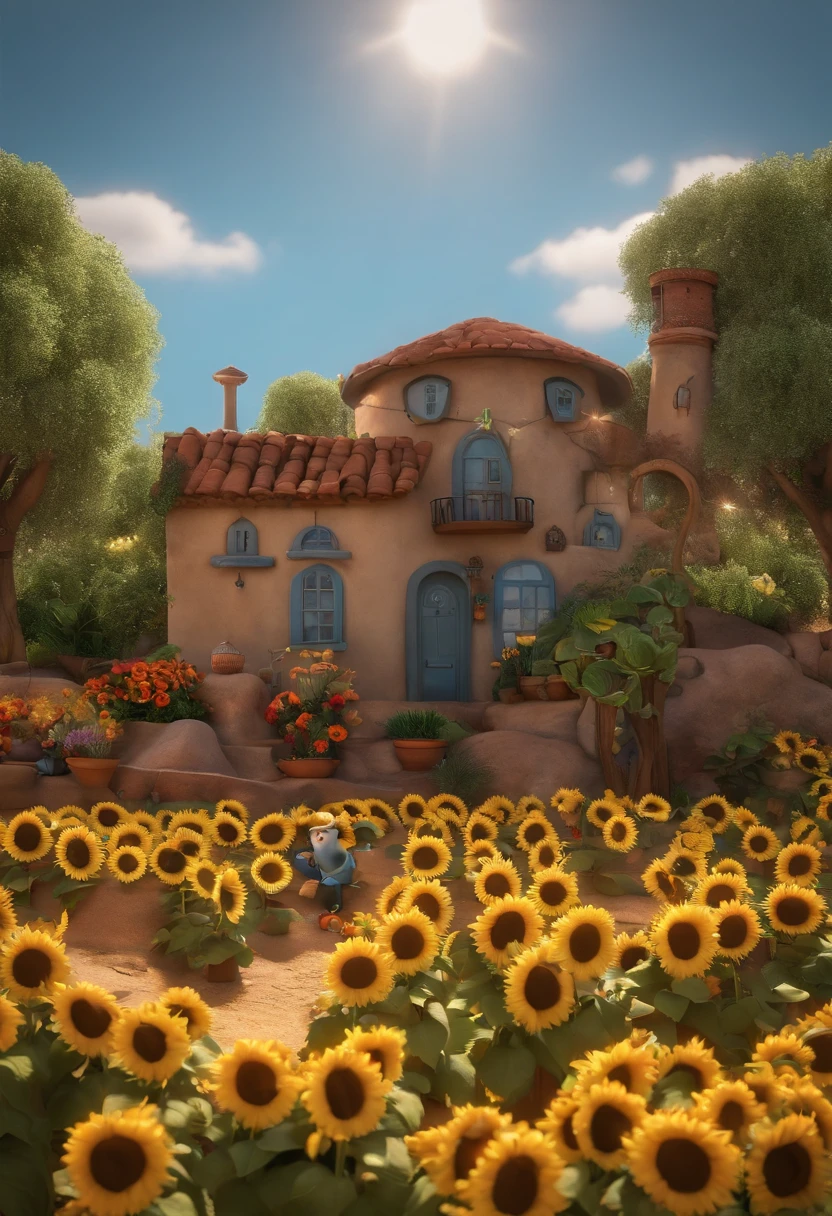 Create a Disney PIXAR-style 3D poster. ((centro da imagem, MENINO AFRO 3 ANOS)), ((ANIMAIS)) , O menino tem pele MORENA e cabelos castanhos escuros e olhos castanhos escuros, ((tudo isso no estilo Disney PIXAR 3D, In the background, A house of sunflowers, ANIMAIS FAZENDA, The garden is full of nature 3D render RTX clay material, estilo de design cartunesco, POP Mart, soft lighting, linhas suaves, Spring tilt, Detailed illustrations of PIXAR 3D, Detalhes hiper-realistas, cor quente no estilo Disney PIXAR 3D))