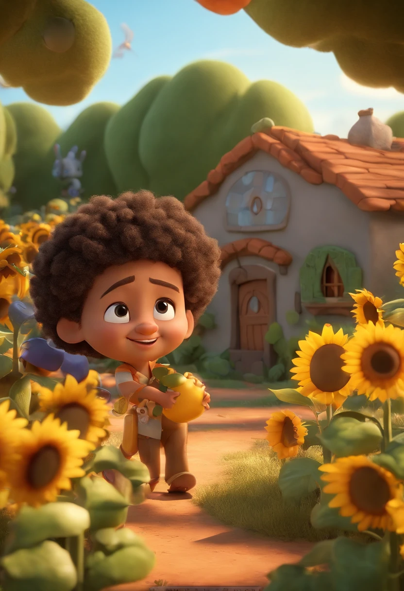 Create a Disney PIXAR-style 3D poster. ((centro da imagem, MENINO AFRO 3 ANOS)), ((ANIMAIS)) , O menino tem pele MORENA e cabelos castanhos escuros e olhos castanhos escuros, ((tudo isso no estilo Disney PIXAR 3D, In the background, A house of sunflowers, ANIMAIS FAZENDA, The garden is full of nature 3D render RTX clay material, estilo de design cartunesco, POP Mart, soft lighting, linhas suaves, Spring tilt, Detailed illustrations of PIXAR 3D, Detalhes hiper-realistas, cor quente no estilo Disney PIXAR 3D))
