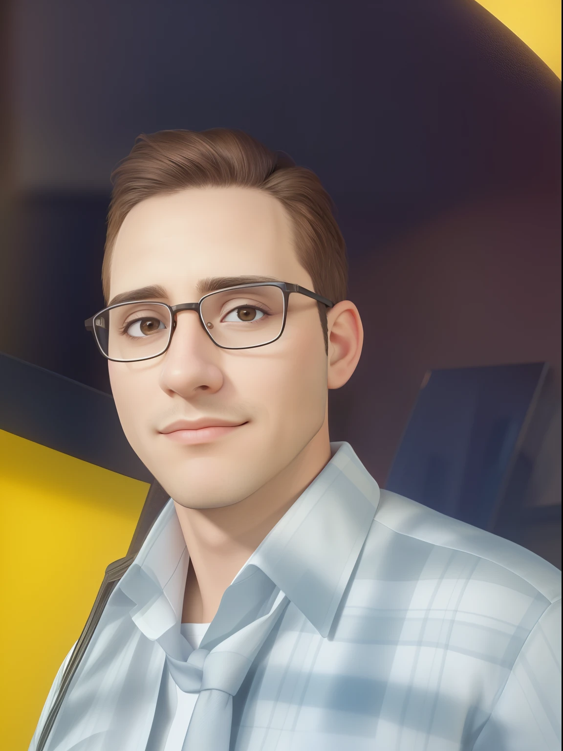 (best quality,4k,8k,highres,masterpiece:1.2),ultra-detailed,(realistic,photorealistic,photo-realistic:1.37),A 30-year-old man with short brown hair, diamond-shaped face, stern gaze, and brown eyes wearing a crisp white shirt with a tie and glasses.