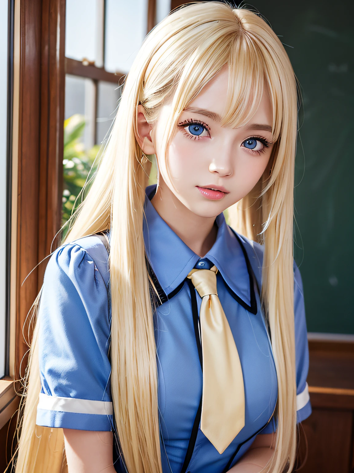 Beautiful shy blonde girl in sailor uniform with mini skirt, beautiful green eyes, big tits, long blonde hair, at school, long thick bangs, ultra detailed hair, messy hair, the most beautiful face in the world, hair golden, flirting, looking at viewer, very cute, sexy, schoolgirl,h, bare shoulders, closed mouth.