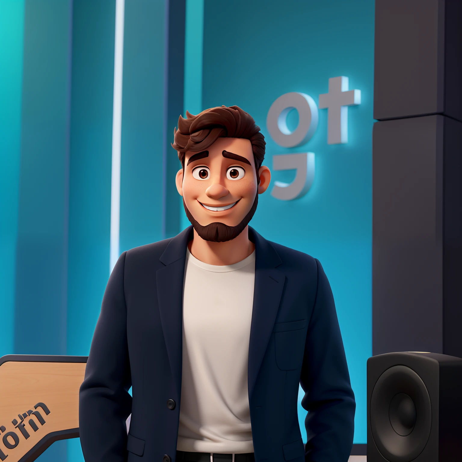 homem sedutor, elegante, com sorriso sedutor, Pode melhorar barba mais rala com uns fio, Make the whole body look like brown shoes. The man stands on the black background on a speaker-like stage with a microphone in one hand and a book in the other in the best Disney Pixar style, maior qualidade.