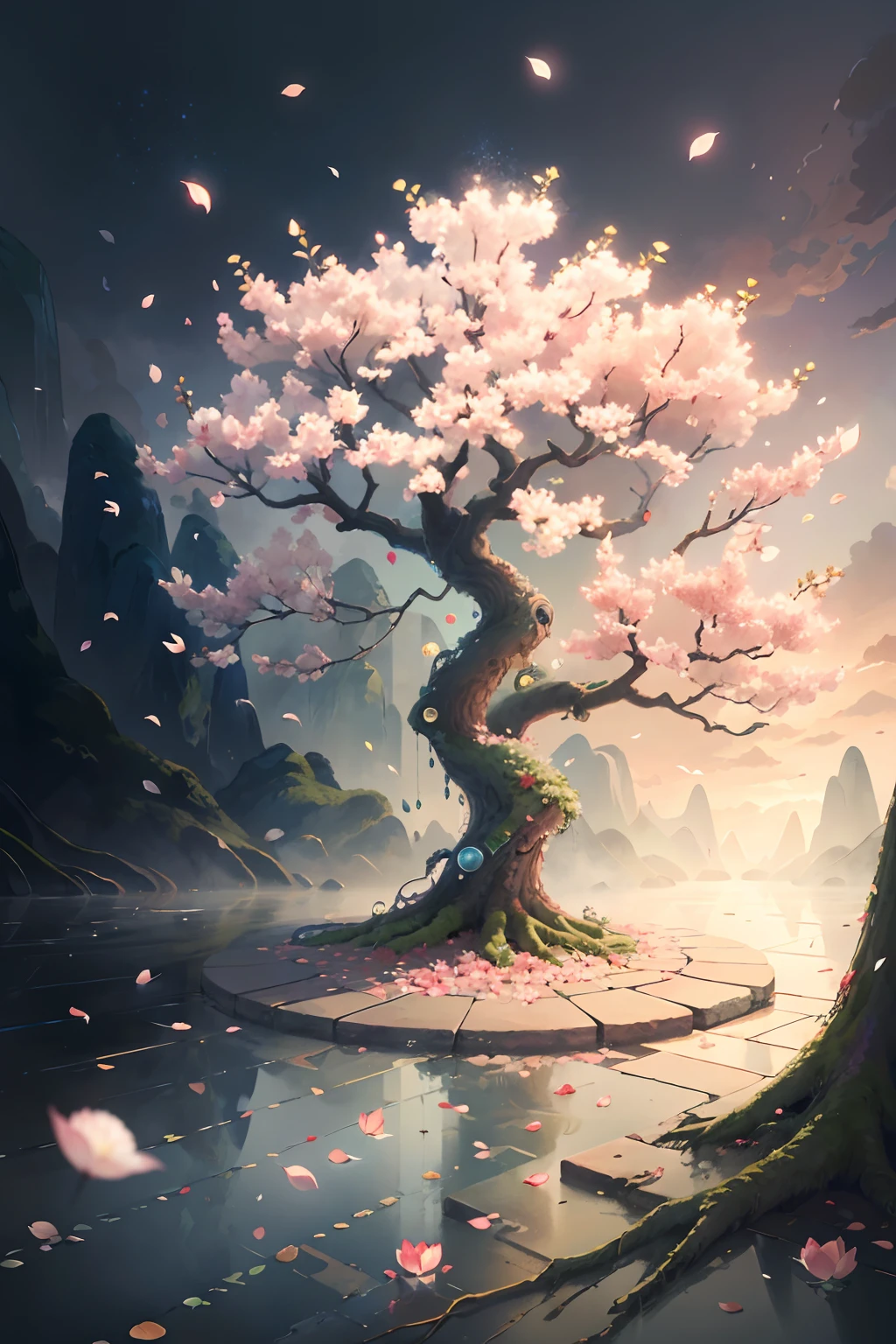 Original,(illustratio:1.1),(best qualtiy),(tmasterpiece:1.1),(the Extremely Detailed CG Unity 8K Wallpapers),(a color:1.2),Cherry Magnolia Tree,Magnolia petals