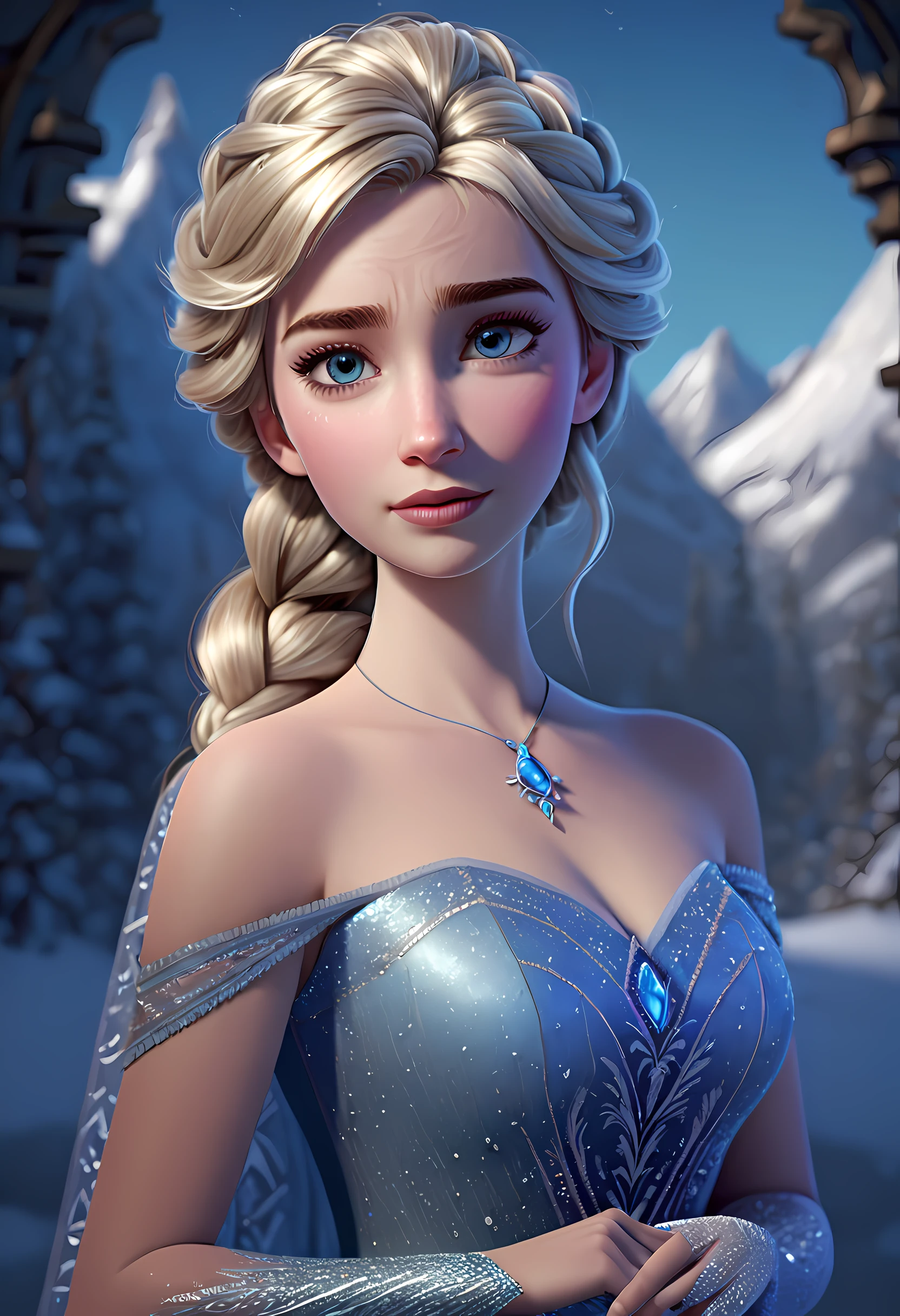 (best quality,4k,8k,highres,masterpiece:1.2),ultra-detailed,(realistic,photorealistic,photo-realistic:1.37), Pixar style:2, Elsa from "FROZEN 2", full body:2,detailed eyes and face, shimmering ice dress, magical snowflakes, snowy background, winter wonderland, intricate braided hair, confident expression, glowing blue eyes, frosty eyelashes, snowy mountains, snowy trees, sparkling ice castle.