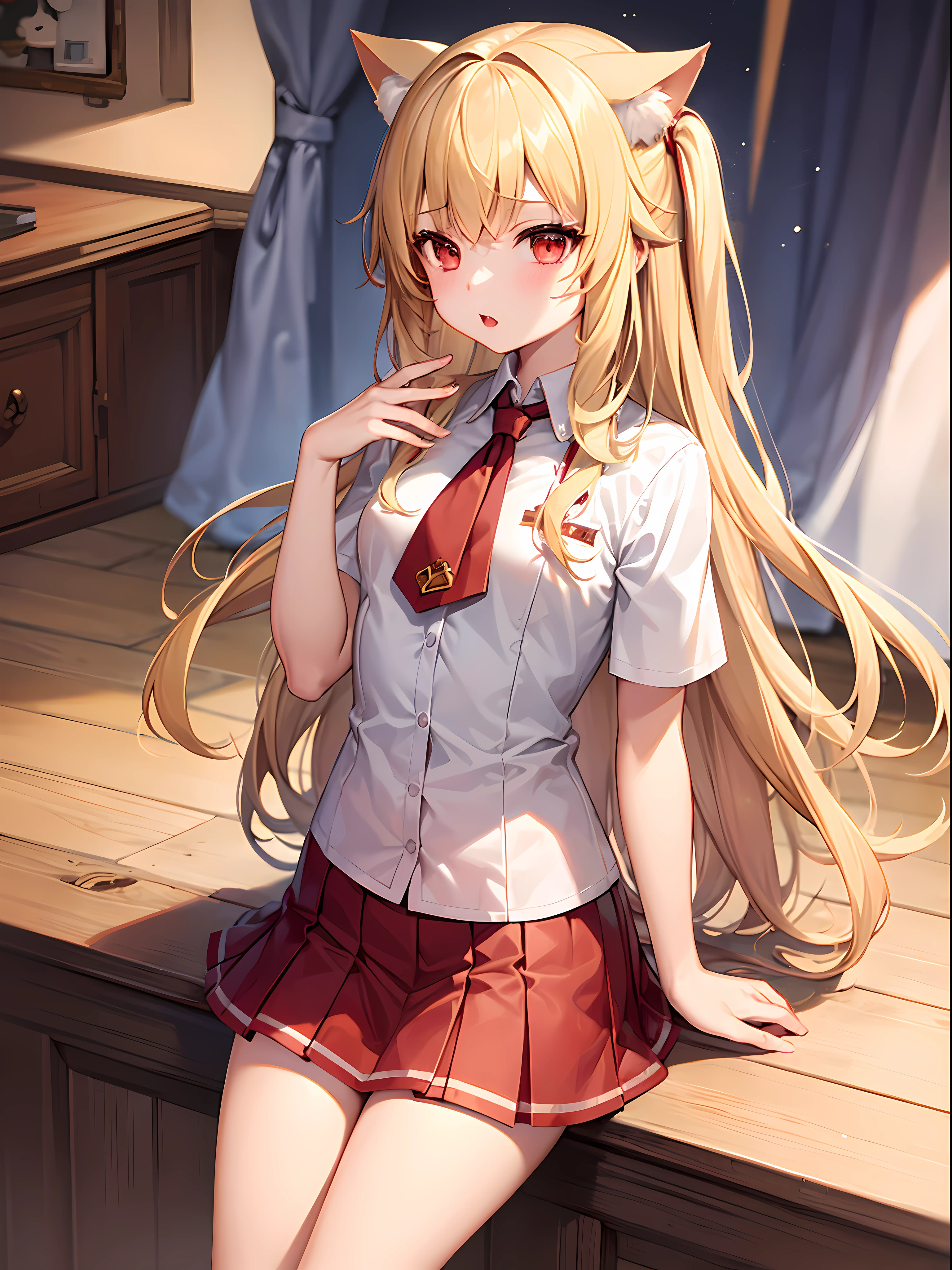 1girls, loli, vampire, short, cat ear long blonde hair, cute, using red army school uniform, using skirt,