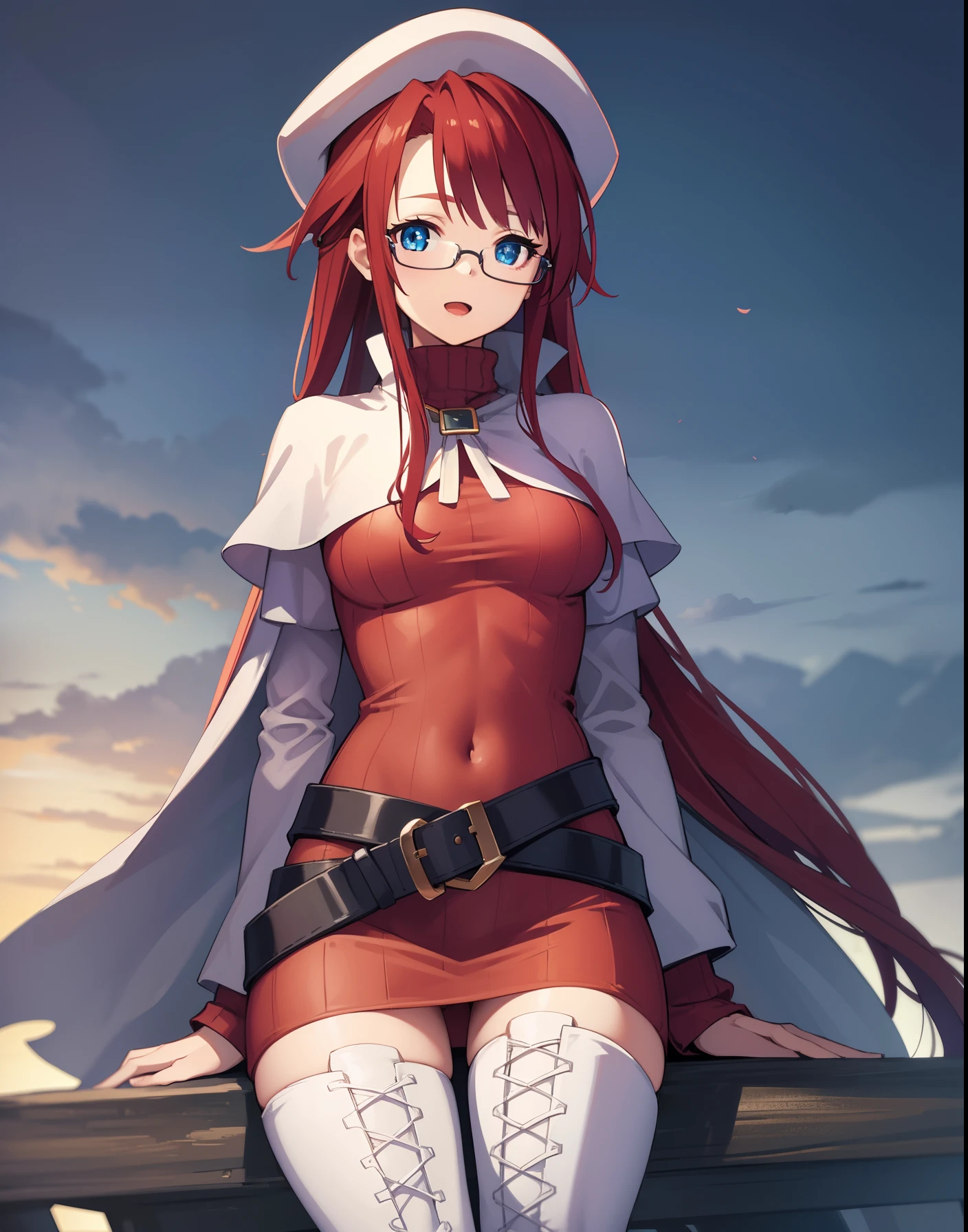 summonnightaty, aty, long hair, blue eyes, red hair, beret, hat, glasses,
BREAK long hair, thighhighs, hat, dress, boots, glasses, belt, cape, sweater, zettai ryouiki, beret, thigh boots, white footwear, ribbed sweater, loose belt,,
BREAK outdoors, fantasy_city,
BREAK (masterpiece:1.2), best quality, high resolution, unity 8k wallpaper, (illustration:0.8), (beautiful detailed eyes:1.6), extremely detailed face, perfect lighting, extremely detailed CG, (perfect hands, perfect anatomy),covered_nipples,covered_navel,light_smile,dynamic_posing,half_eyes,spread_legs,open_mouth,sword,sitting,