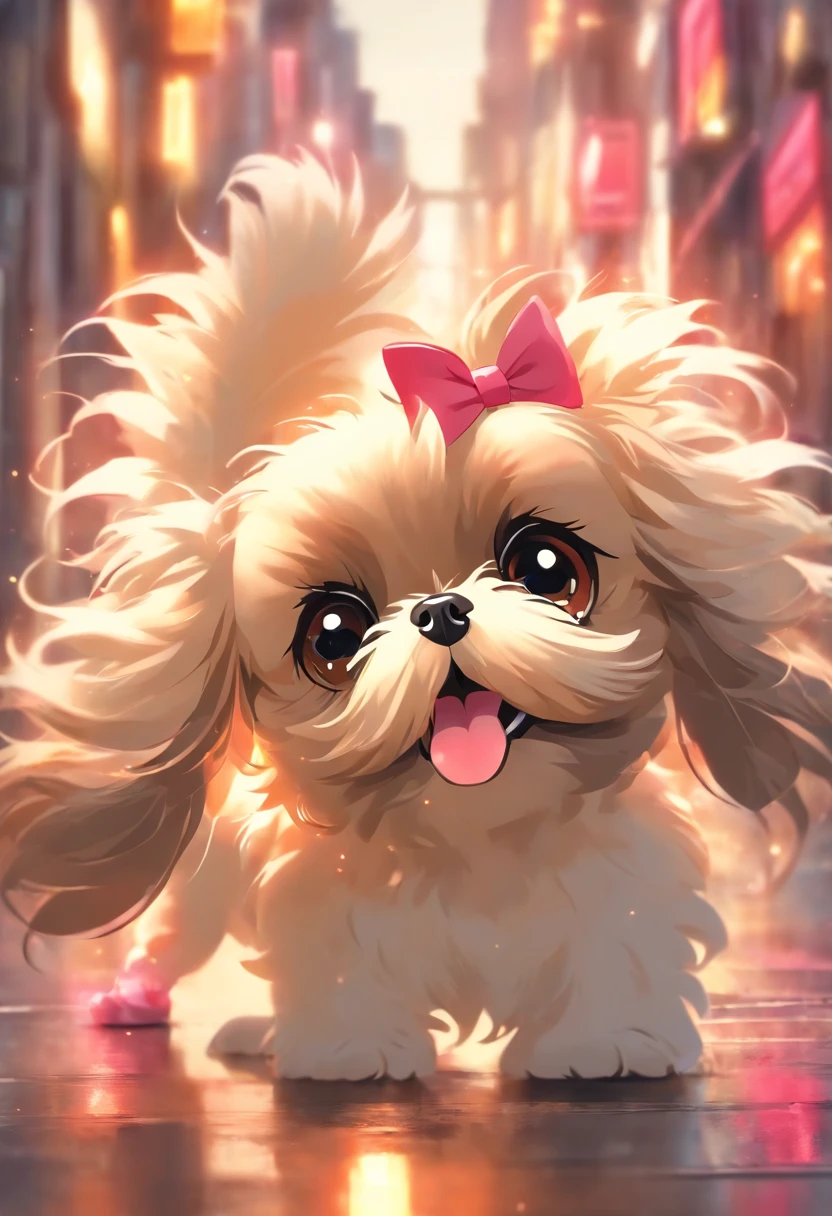 pequena cachorra com pelos longos, shih tzu branca, Mixed ears in beige and white colors with a pink bow on the head, pelagem longa, bonita precisa de sua ajuda, Looking towards the camera, queixo pequeno, taken with sony a7r camera, olhar desleixado, Oi, monochrome black and white, lovingly looking at camera