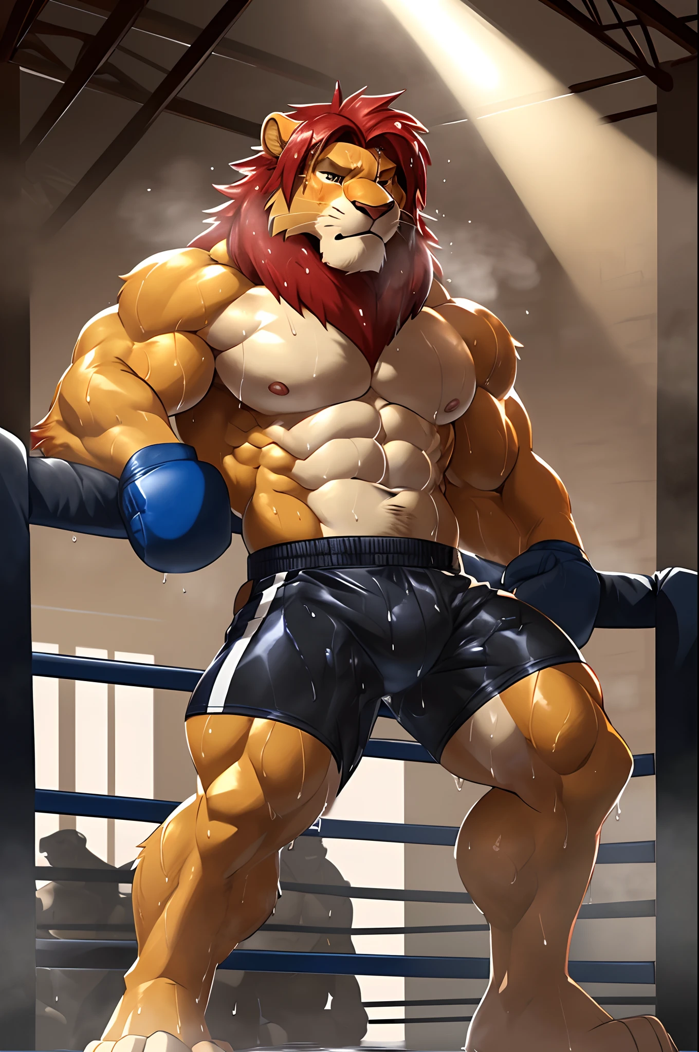 ((solo)), (anthro:1.2) lion (lora; simba), adult, (athletic:1.4), (dense muscles), (super strong:1.4), (correct anatomy:1.2), (broad shoulders:1.2), (heavy build, massive body:1.6), (realistic fur, detailed fur texture:1.3), detailed background (corner of the boxing ring:1.6), photorealistic, (black compression shorts), (bare torso:1.4), (barefoot:1.2), (detailed clothing), hyperrealistic, ultradetailed, (by wfa:1.2), (by takemoto_arashi, by vorusuarts, by Traver009:1, by grimfaust:1), natural lighting, (wet. sweat:1.4), exhausted, feline head (open eyes, red mane), (steaming breath:1.2), ((serious:1.4) expression), (leaning over post:1.6), (view from below:1.4)