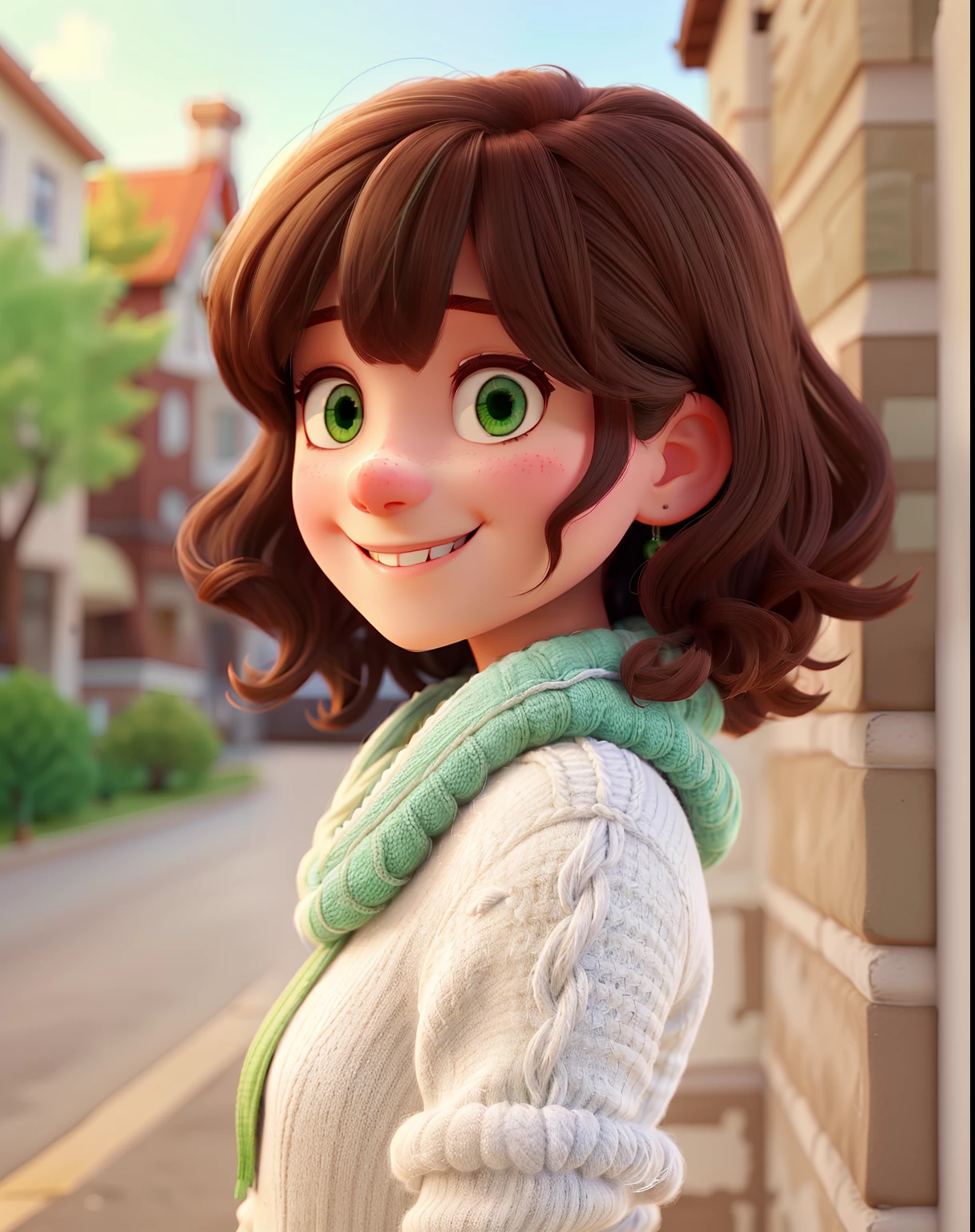 A beautiful girl with medium freezy hair with bangs and dark brown, green eyes in jeans and white knitting smiling