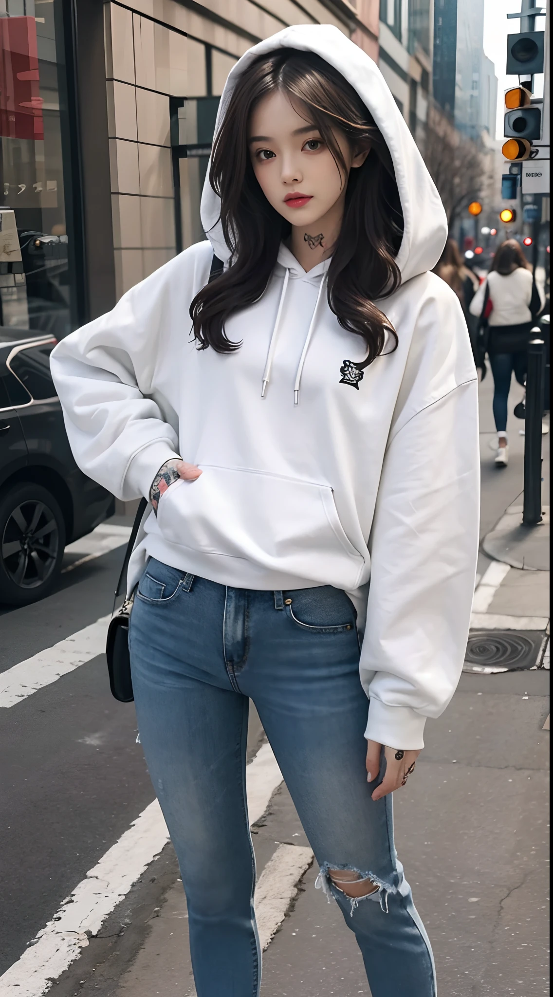 Masterpiece, Best quality, 1girll，stand posture，??????? correct，White hoodie，skintight jeans，with tattoos，wavy and long hair，Accurate and perfect face，Slender and slender figure，Skinny，Skinny，Smaller bust，Long legs，White sneakers