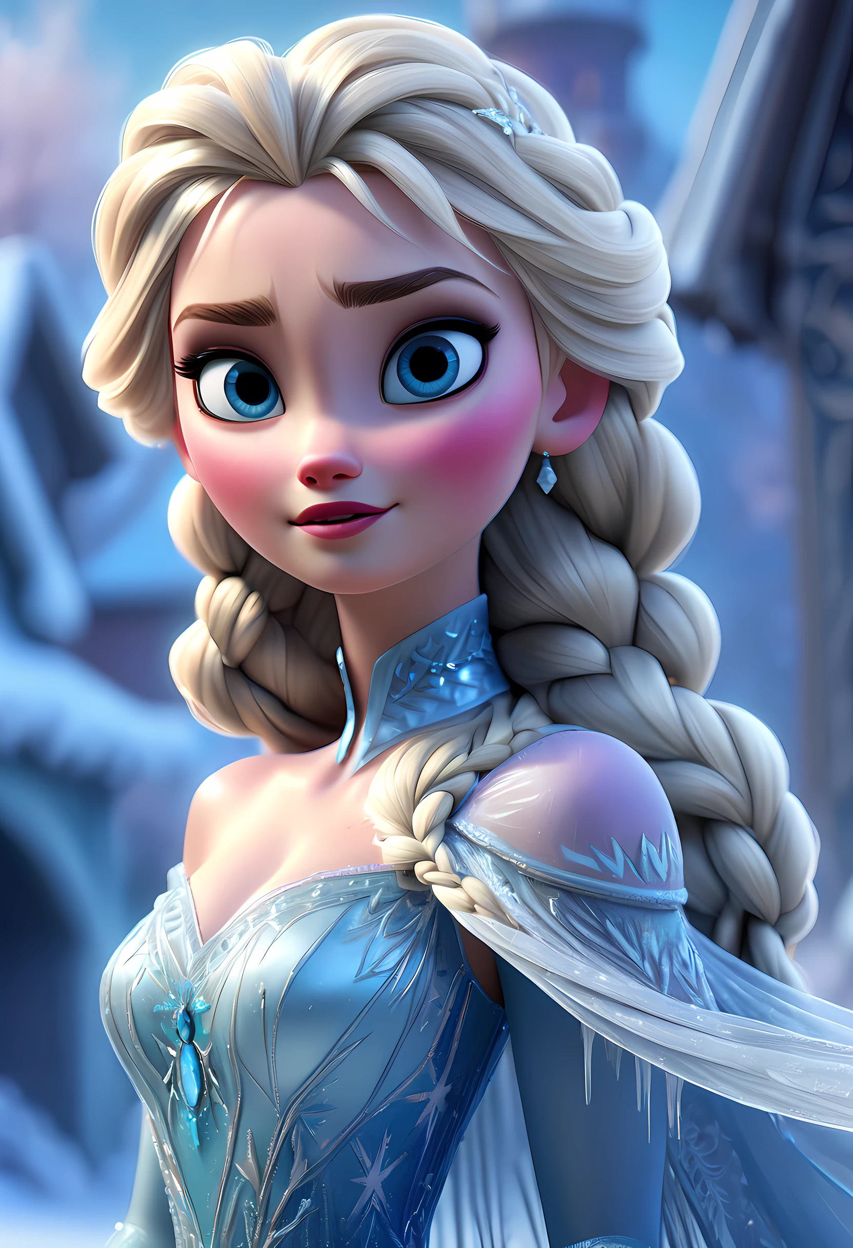 (best quality,4k,8k,highres,masterpiece:1.2),ultra-detailed,(realistic,photorealistic,photo-realistic:1.37), Pixar style:2, Elsa from "FROZEN 2", detailed eyes and face, shimmering ice dress, magical snowflakes, snowy background, winter wonderland, intricate braided hair, confident expression, glowing blue eyes, frosty eyelashes, snowy mountains, snowy trees, sparkling ice castle.