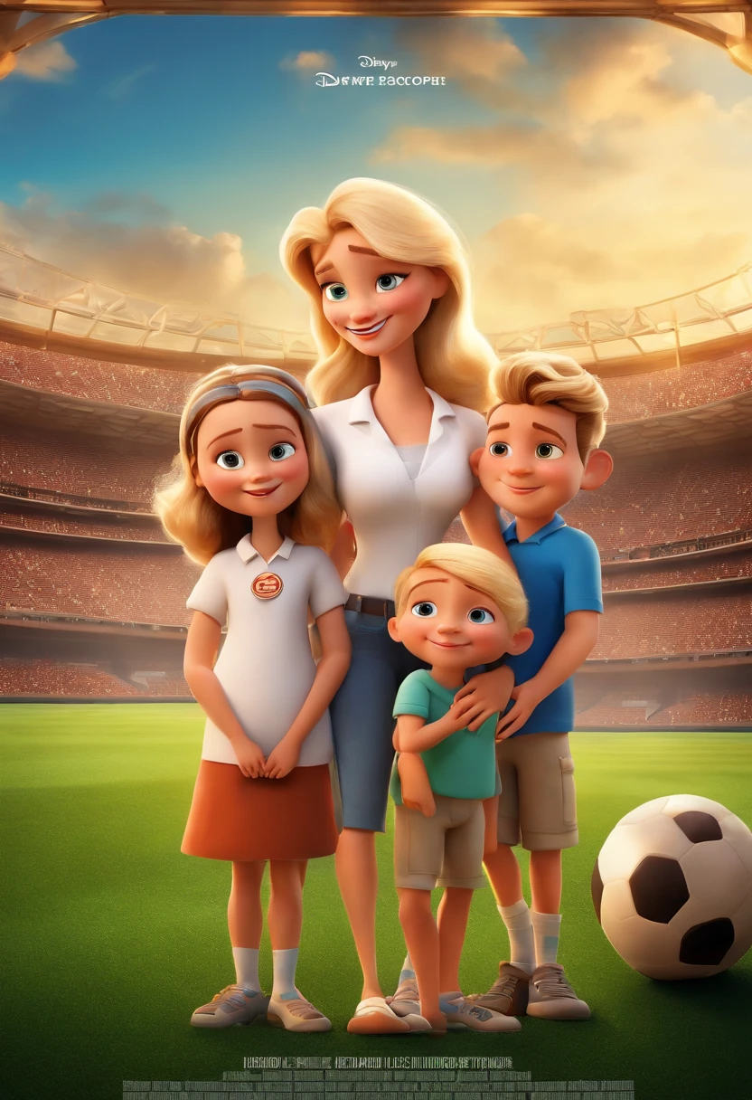 a 3d pixar disney style movie poster with a blond family with a child girl and a child boy and mother and father wearing white clothes at the football stadium