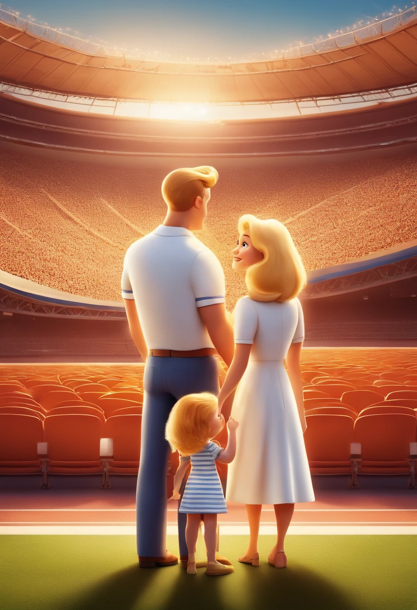 a 3d pixar disney style movie poster with a blond family with a child girl and a child boy and mother and father wearing white clothes at the football stadium