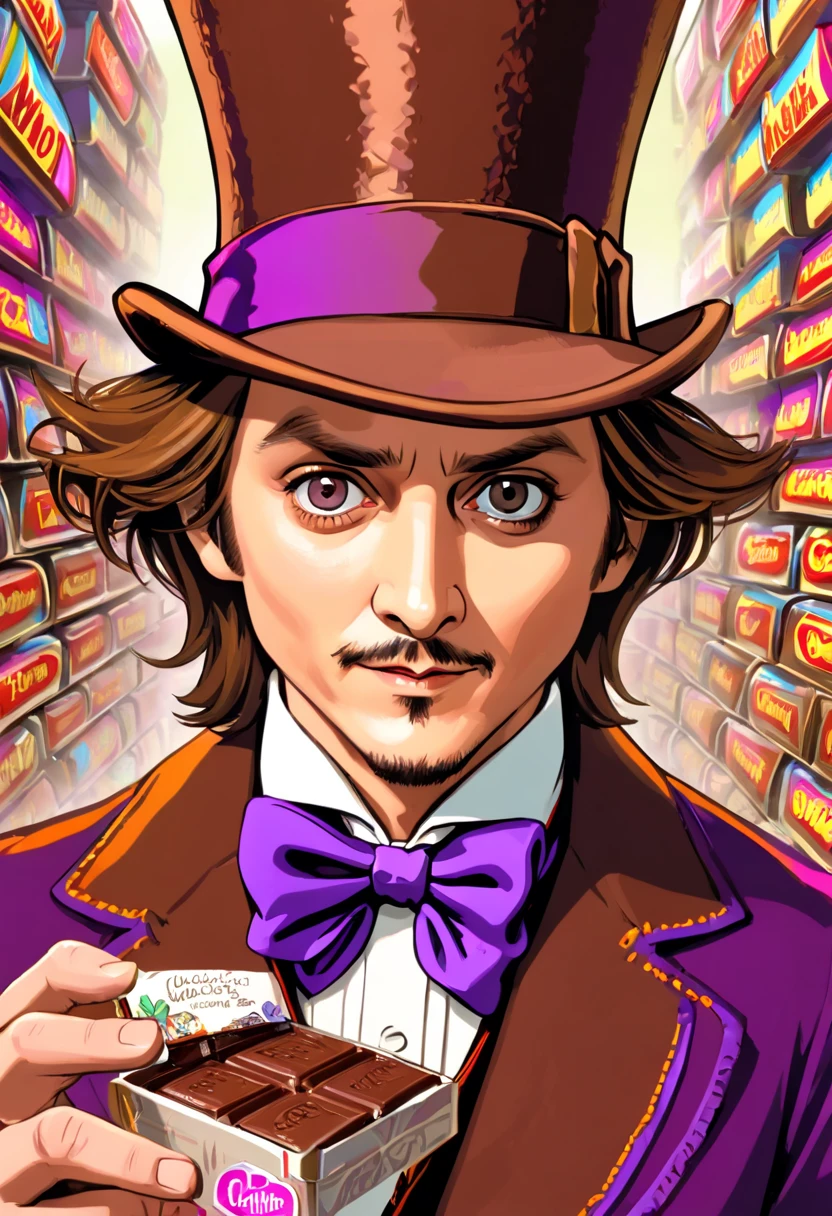 (((close rosto (Johnny Depp personagem Willy Wonka) The Fantastic Chocolate Factory))), (((Chocolate bar in hand))), editorial photo Vogue Italy, movies on Hasselblad H4D 200MS Digital Camera, (((Ultra realista))), (((super detalhada))), foto natural, Filmed by professional camera, corte americano, corte americano, enquadramento americano, HDR, 16k