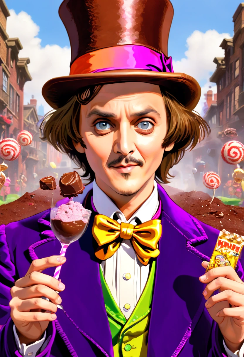 (((close rosto (Johnny Depp personagem Willy Wonka) The Fantastic Chocolate Factory))), (((Chocolate bar in hand))), editorial photo Vogue Italy, movies on Hasselblad H4D 200MS Digital Camera, (((Ultra realista))), (((super detalhada))), foto natural, Filmed by professional camera, corte americano, corte americano, enquadramento americano, HDR, 16k