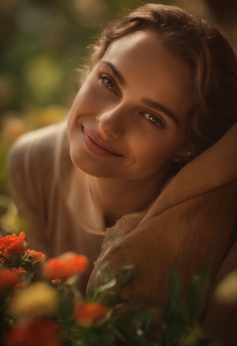 (Pixarstyle: 1.25) Retrato de uma , Natalie Portman, Sorrisos, comprimento da cintura com cesto de flores coberto com flor de papoula, textura natural da pele, Texturas 4k, HDR, Complexo, altamente detalhado, foco nítido, cinematic look, hiper-detalhado