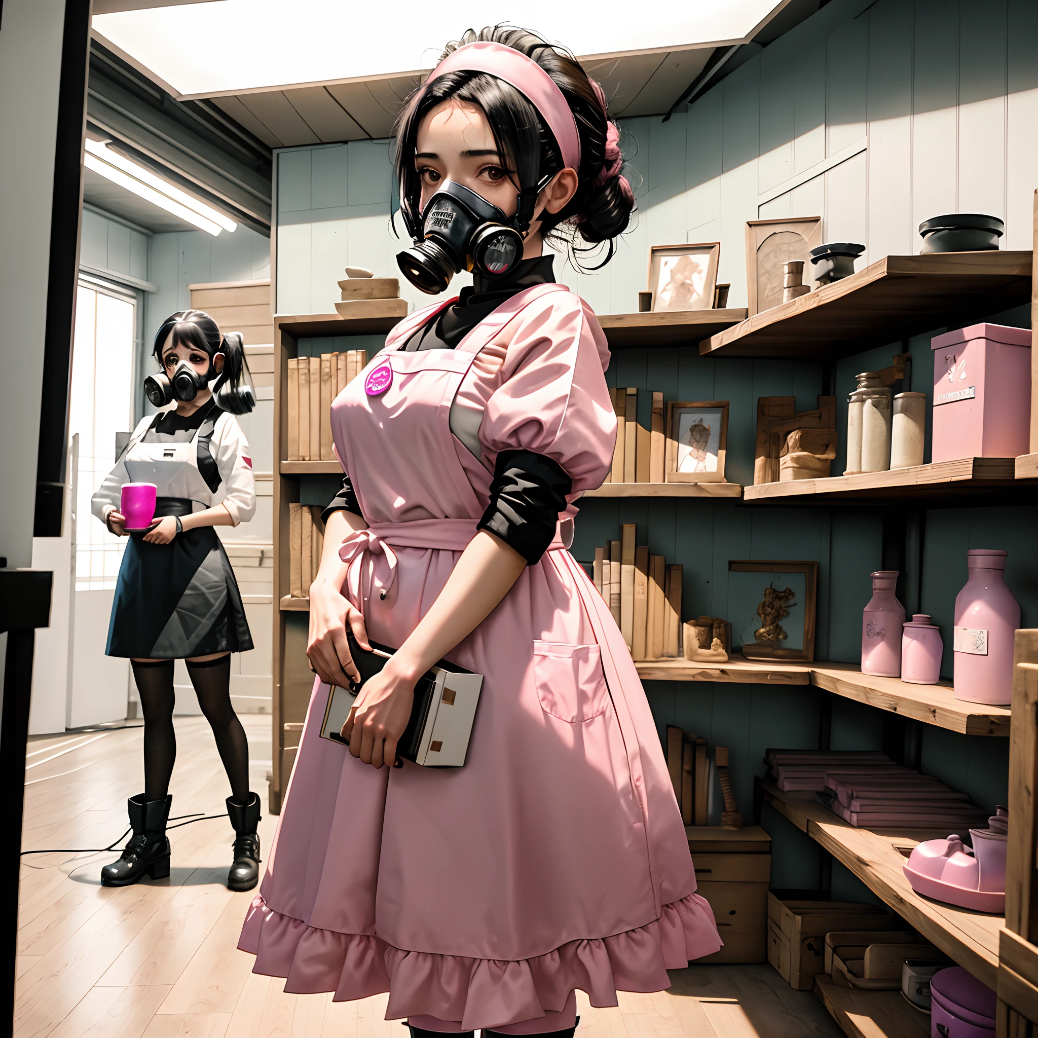 Mulher 30anos, Black hair tied up standing holding a resin cup with a gas mask and white apron with pink outfit in an atelier with bookshelf behind her, estilo Disney Pixar.