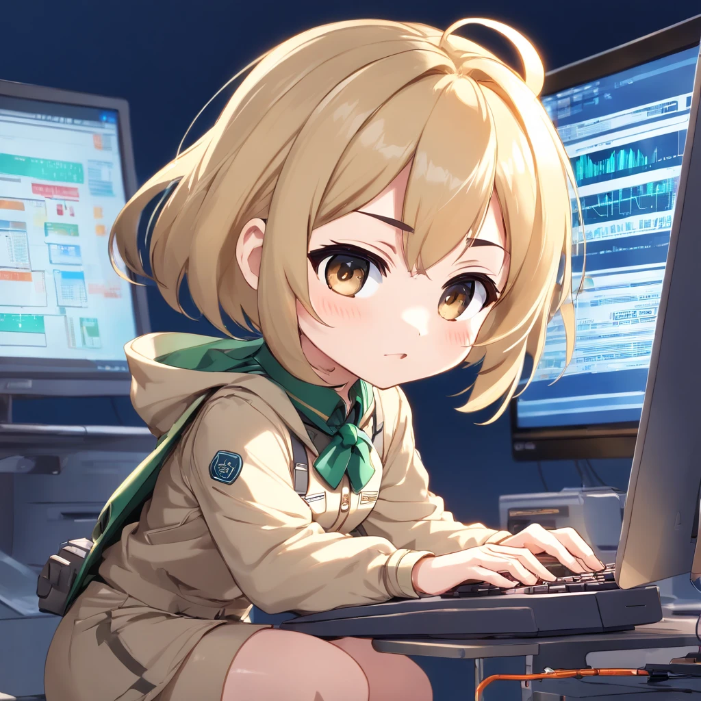 ((Chibi girl playing computer))、Blonde Shorthair Chibi、irate、Pixie Cut Chibi、Chibi in uniform, Chibi,monitors