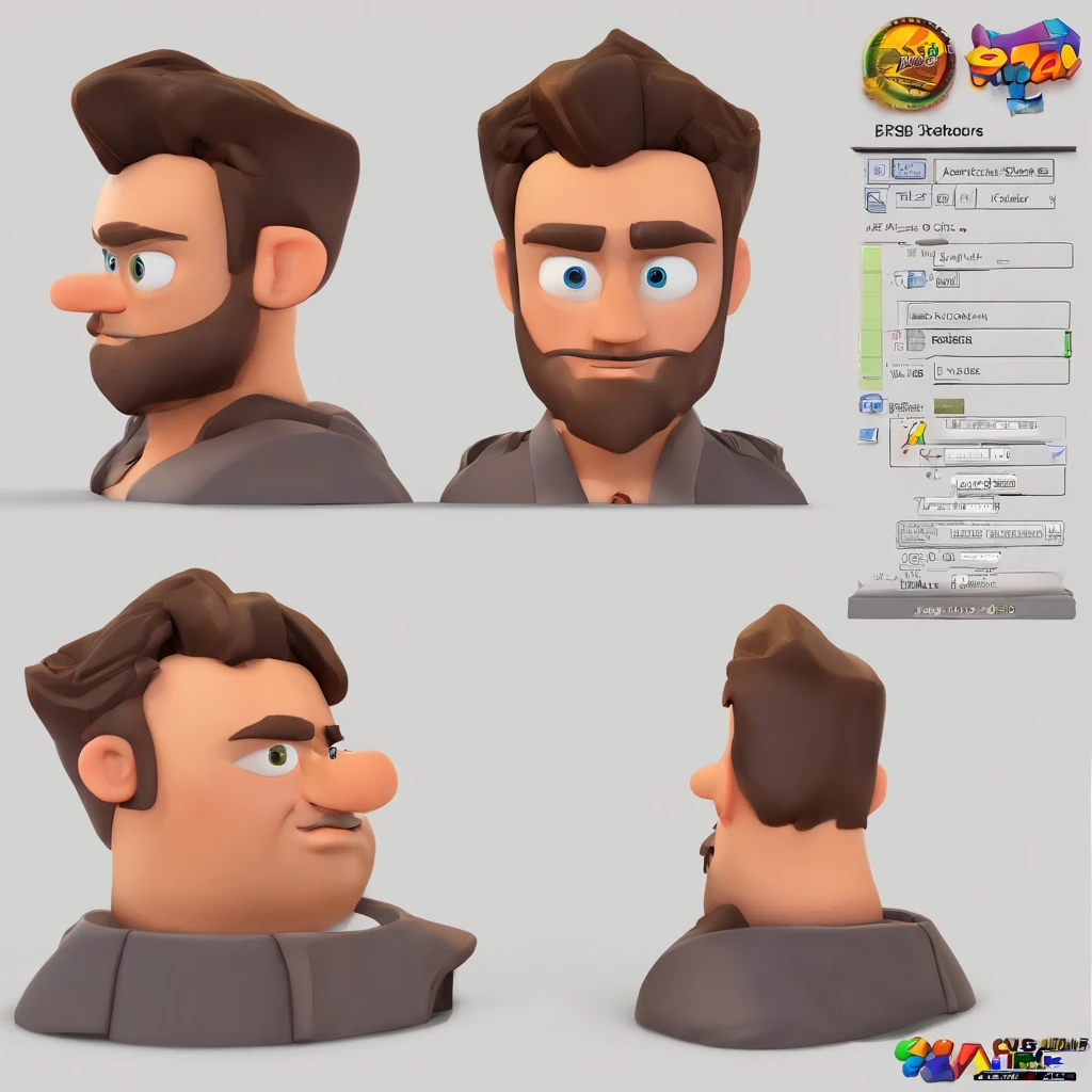 Criar um personagem no estilo Pixar. Trata-se de um homem de 30 anos, com barba, Branco, com cabelos castanhos curtos e um quiff, e olhos castanhos. Ele deve estar na frente de um computador, Trabalhar como designer