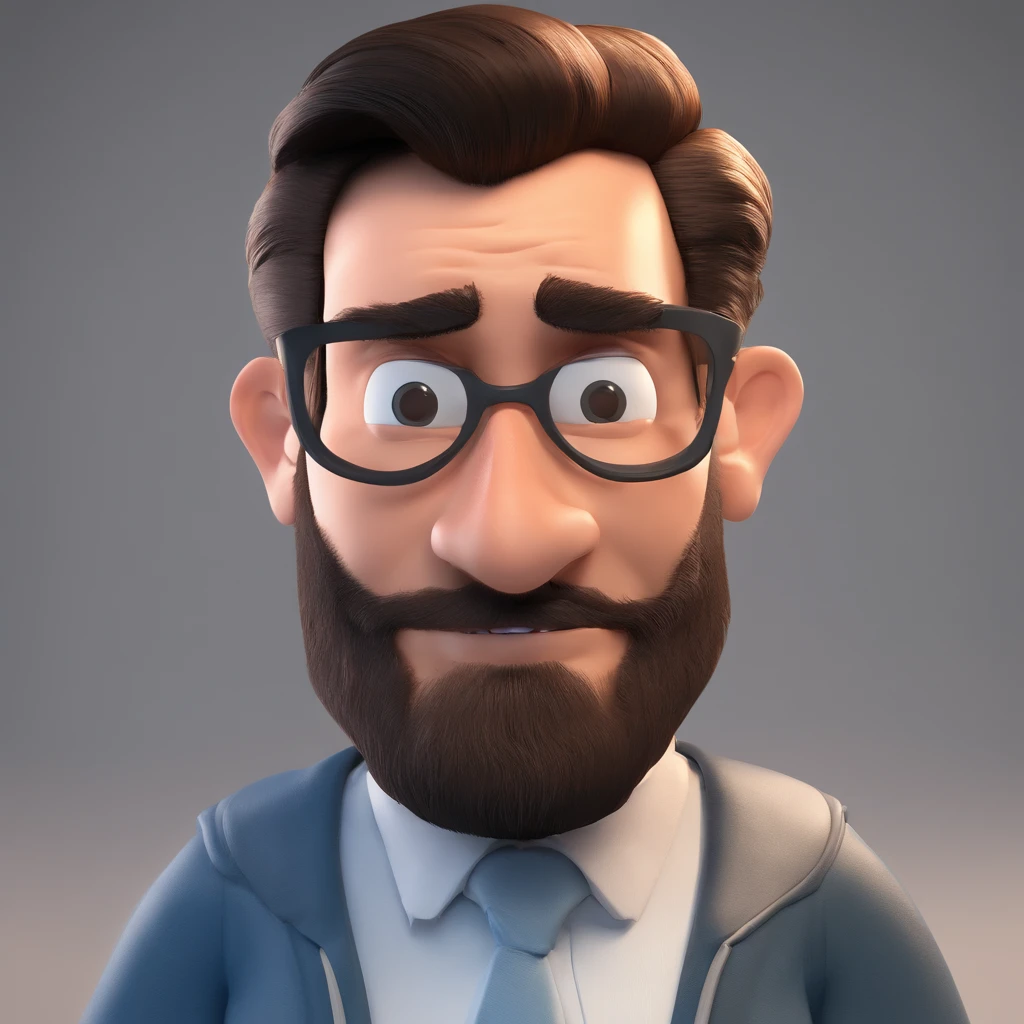 Criar um personagem no estilo Pixar. Trata-se de um homem de 30 anos, com barba, Branco, com cabelos castanhos curtos e um quiff, e olhos castanhos. Ele deve estar na frente de um computador, Trabalhar como designer